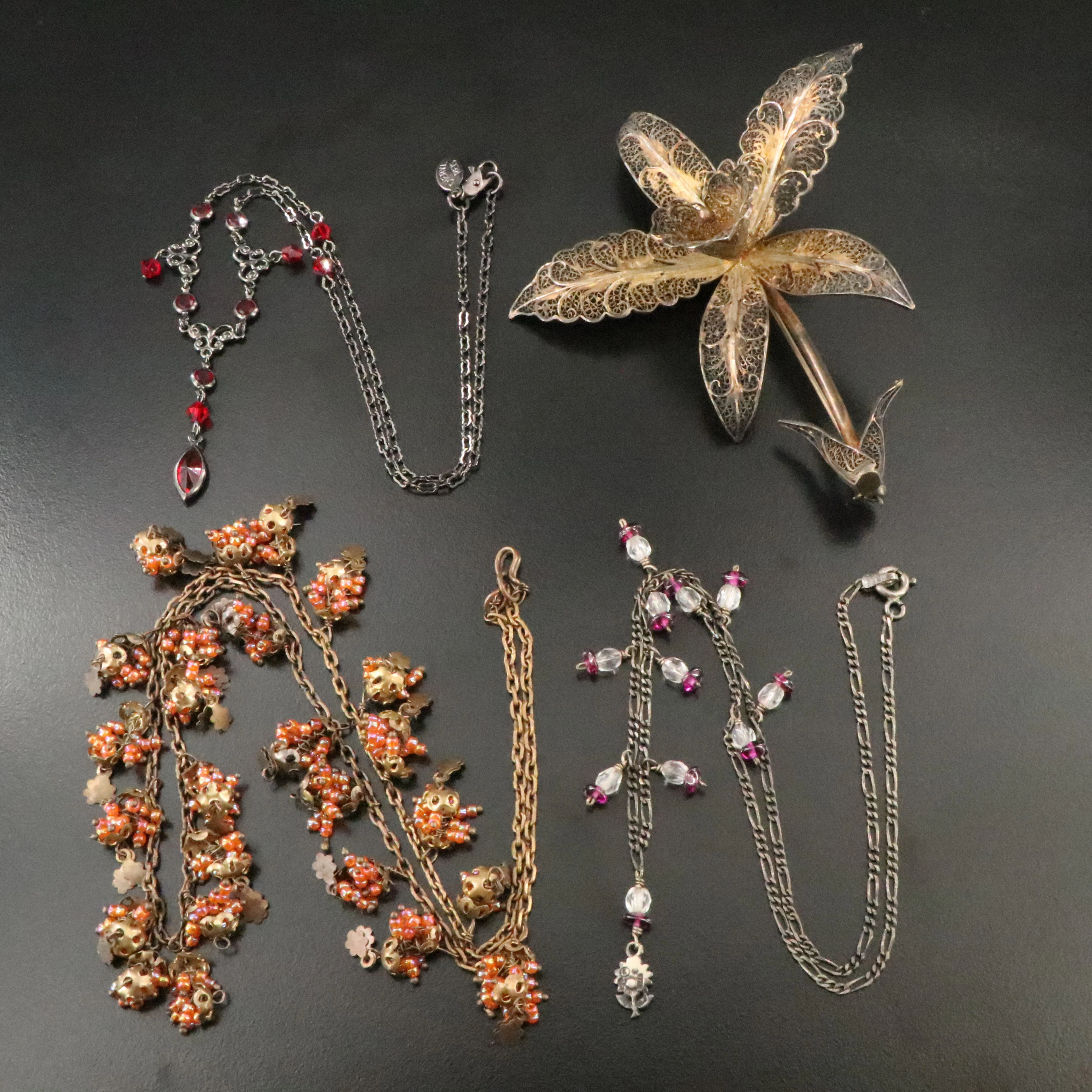 Amethyst & Glass Fringe Necklace Grouping with Sterling Filigree Orchid Brooch