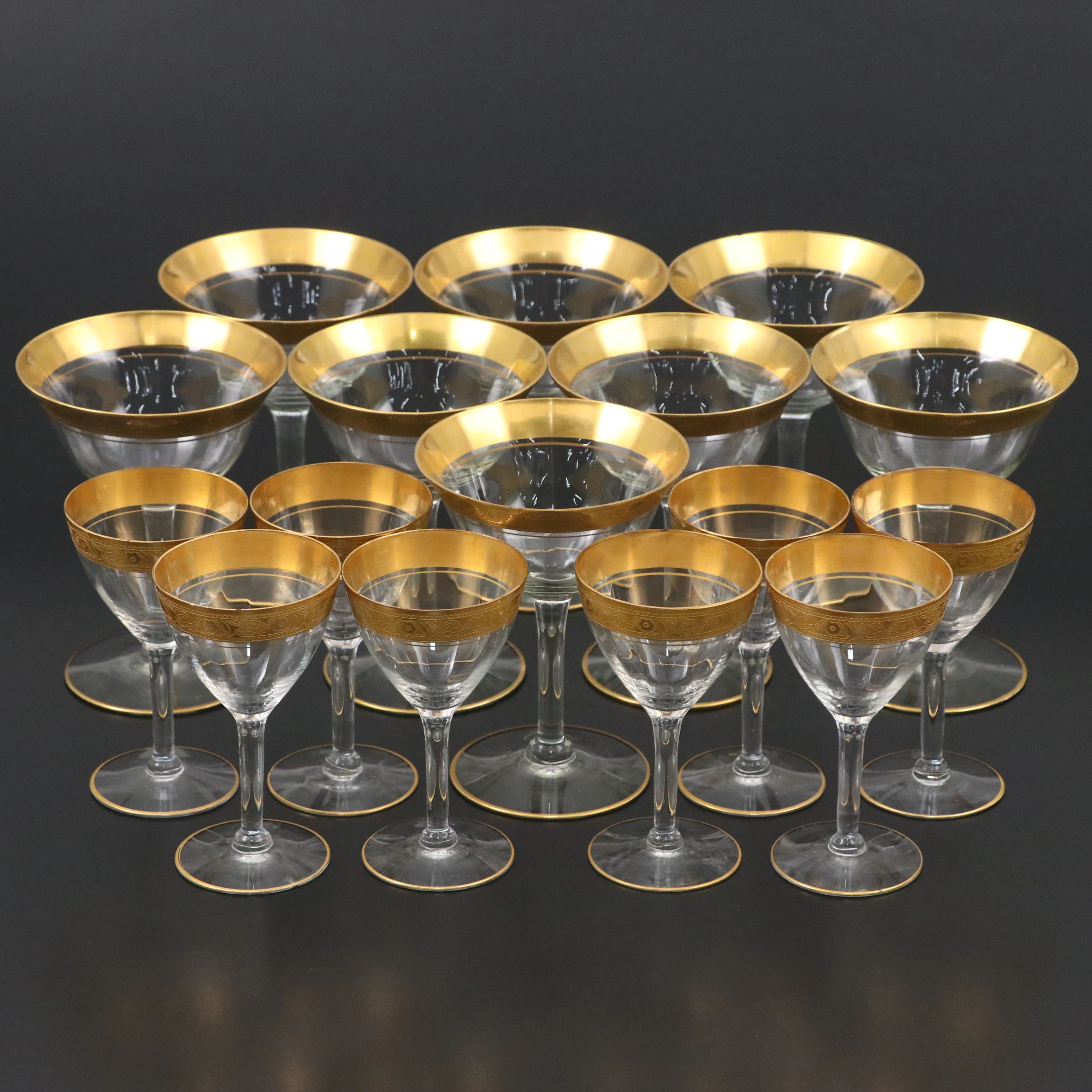 Gilt Rim Champagne Coupes and Cordial Glasses