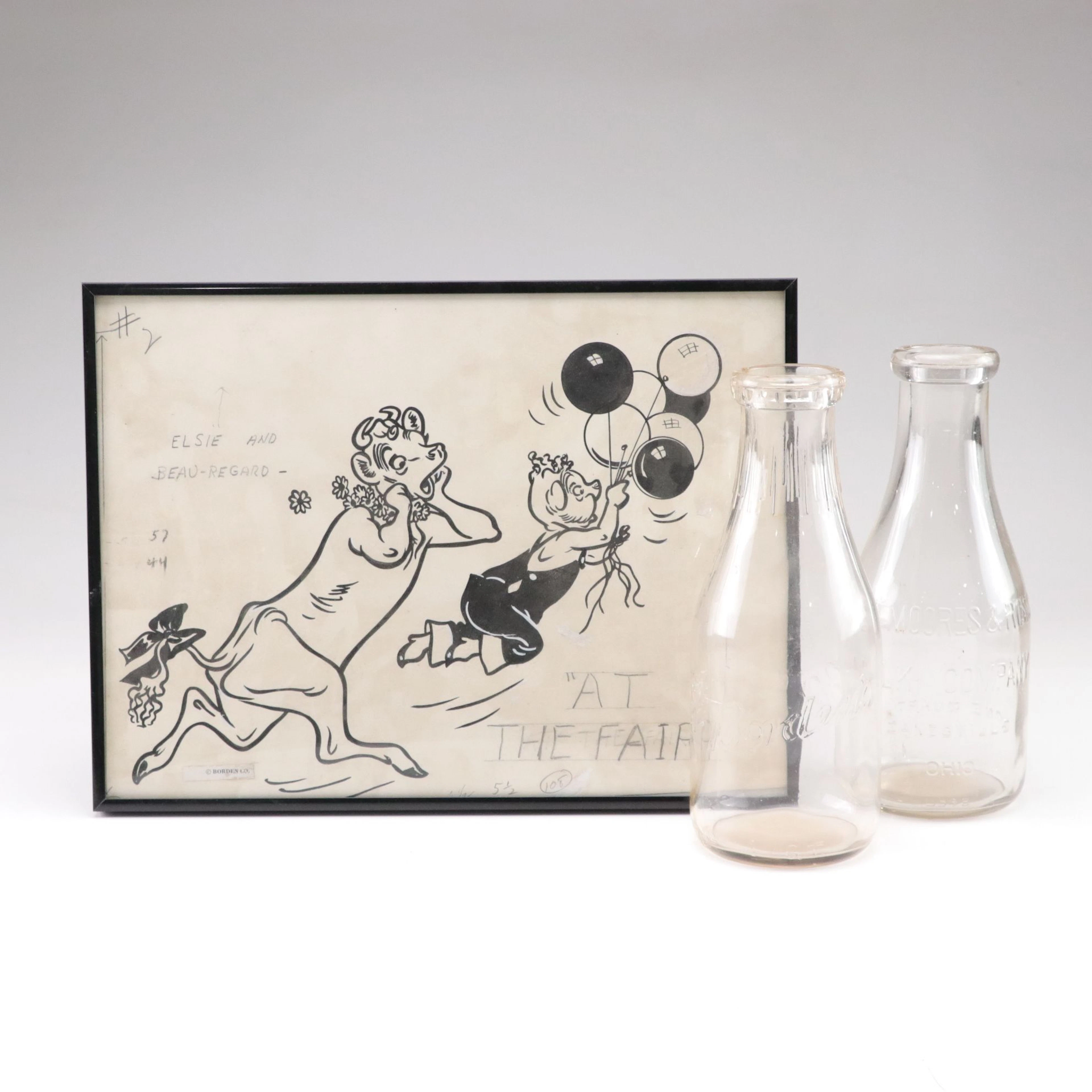 Borden's Dairy "Elsie and Beauregard at the Fair" Print with Milk Bottles