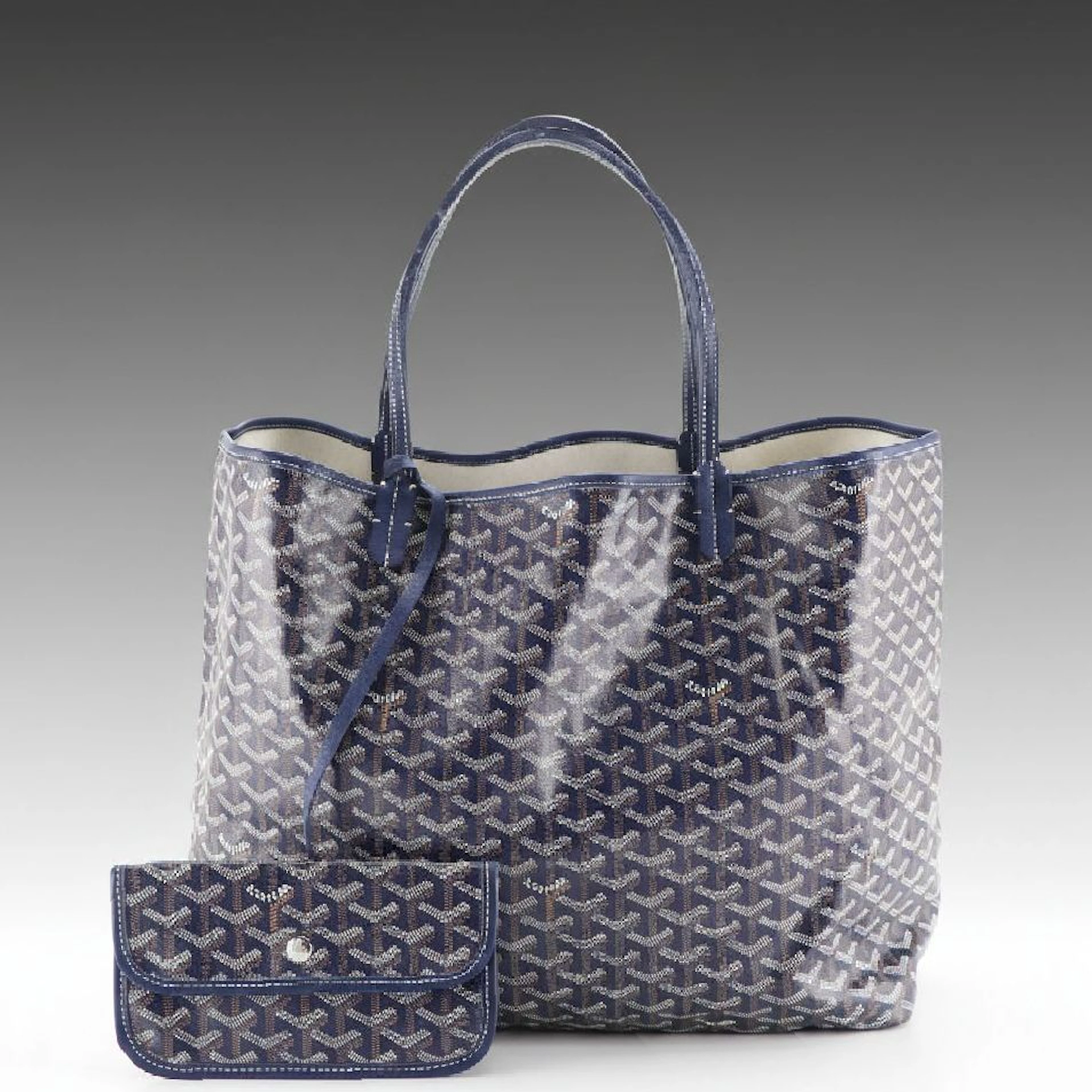 Goyard Saint Louis GM Tote and Pouch in Blue Goyardine Canvas with Leather Trim