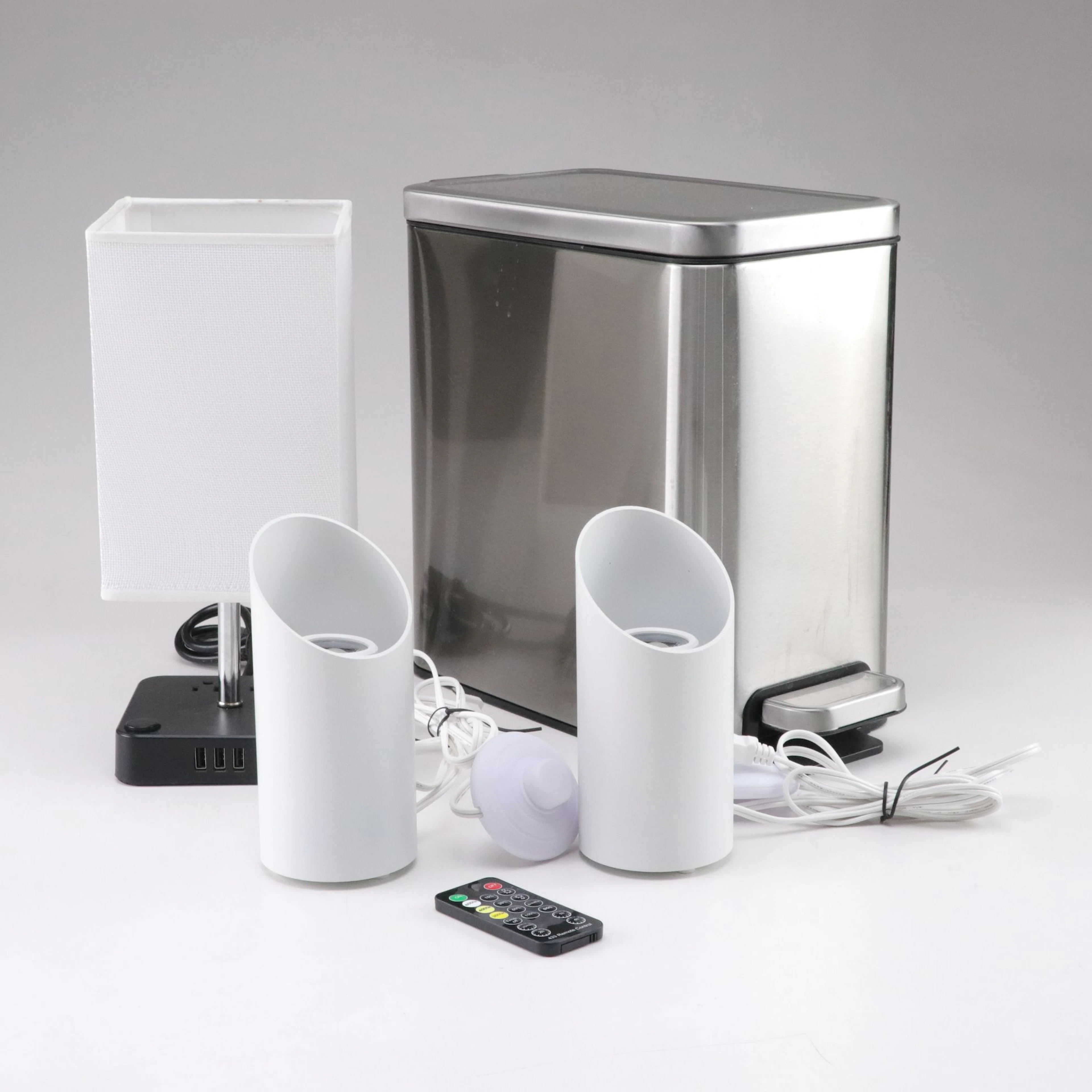 Room Essentials Including Table Lamp with Up-Lights, and Trash Can
