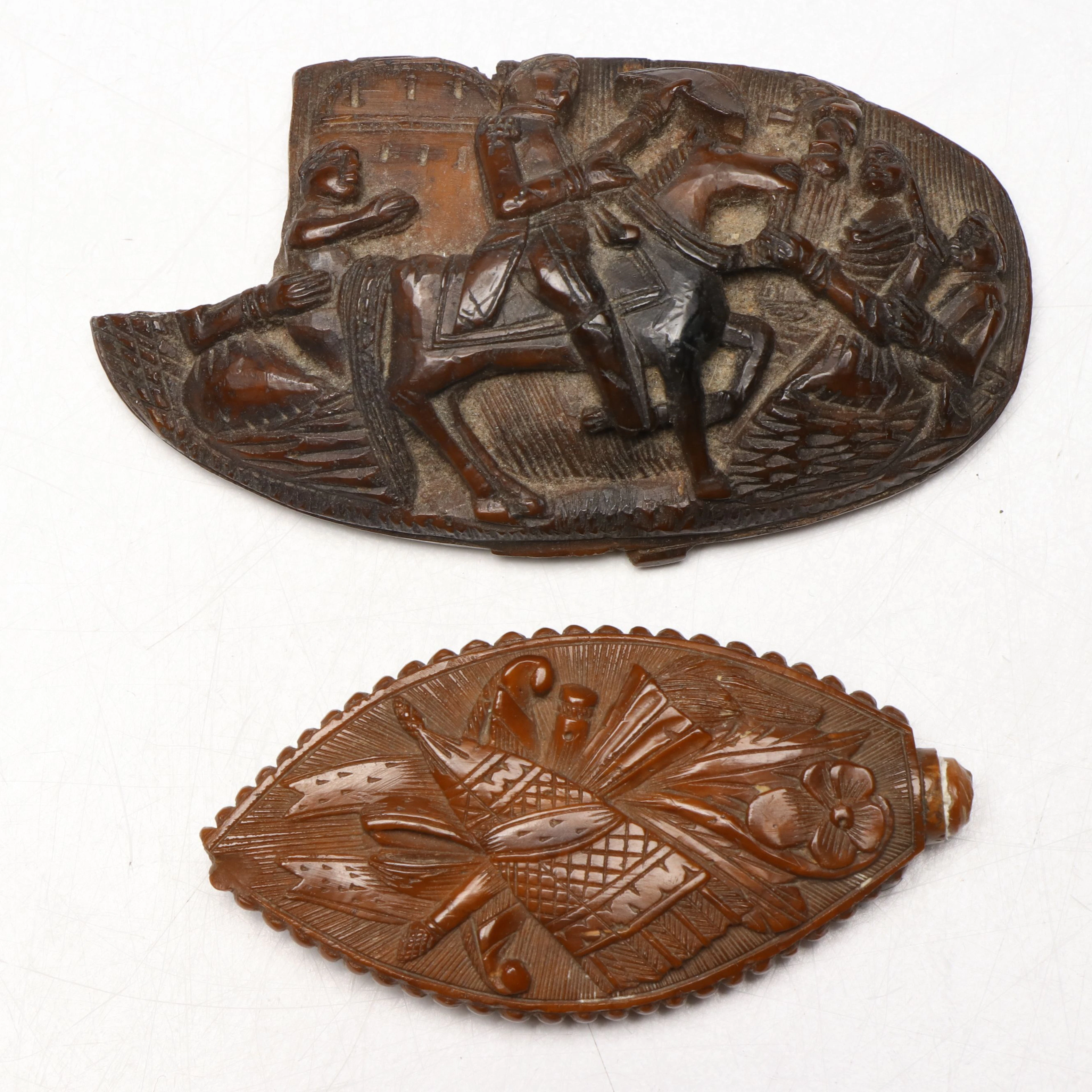 Antique Hand-Carved Coquilla Nut Snuff Box Lid with Wood Snuff Bottle