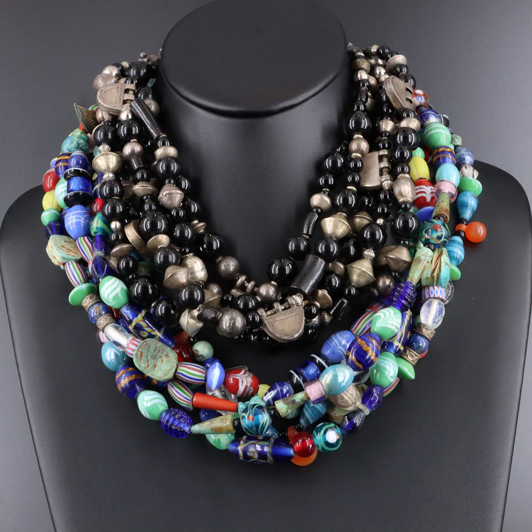 Beaded Torsade Necklaces with Sterling Including Black Onyx, Coral and Glass