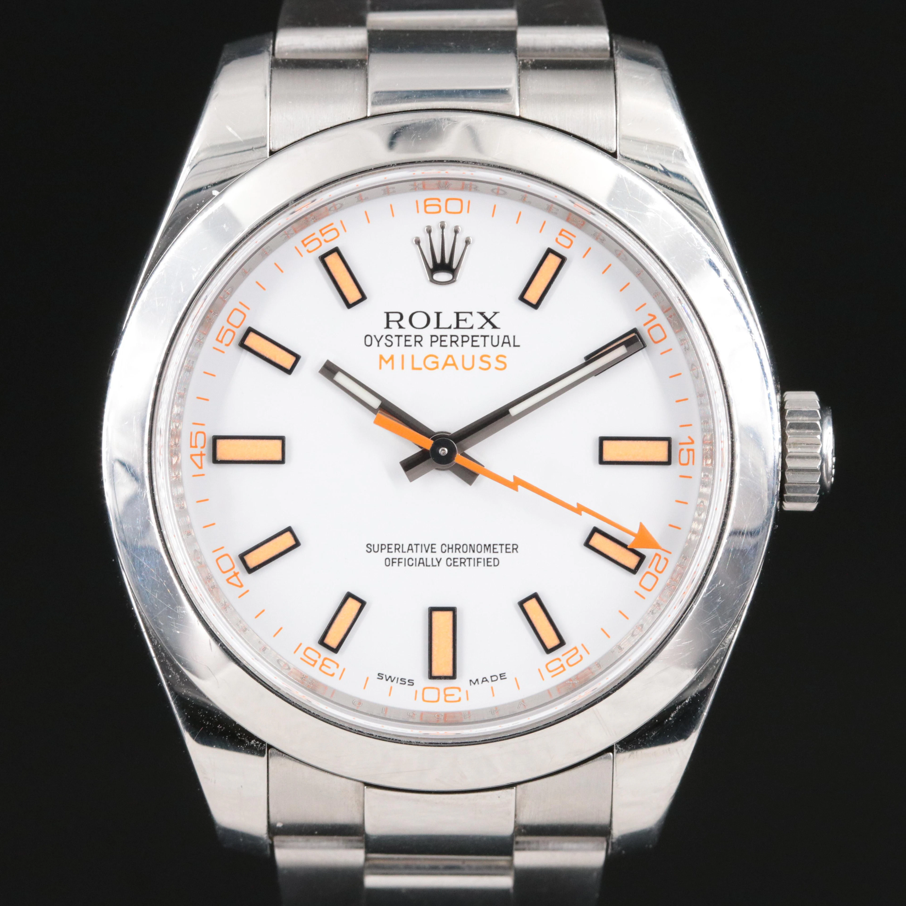 Rolex Milgauss 116400 White Dial Orange Indices and Lightning Bolt Hand Watch