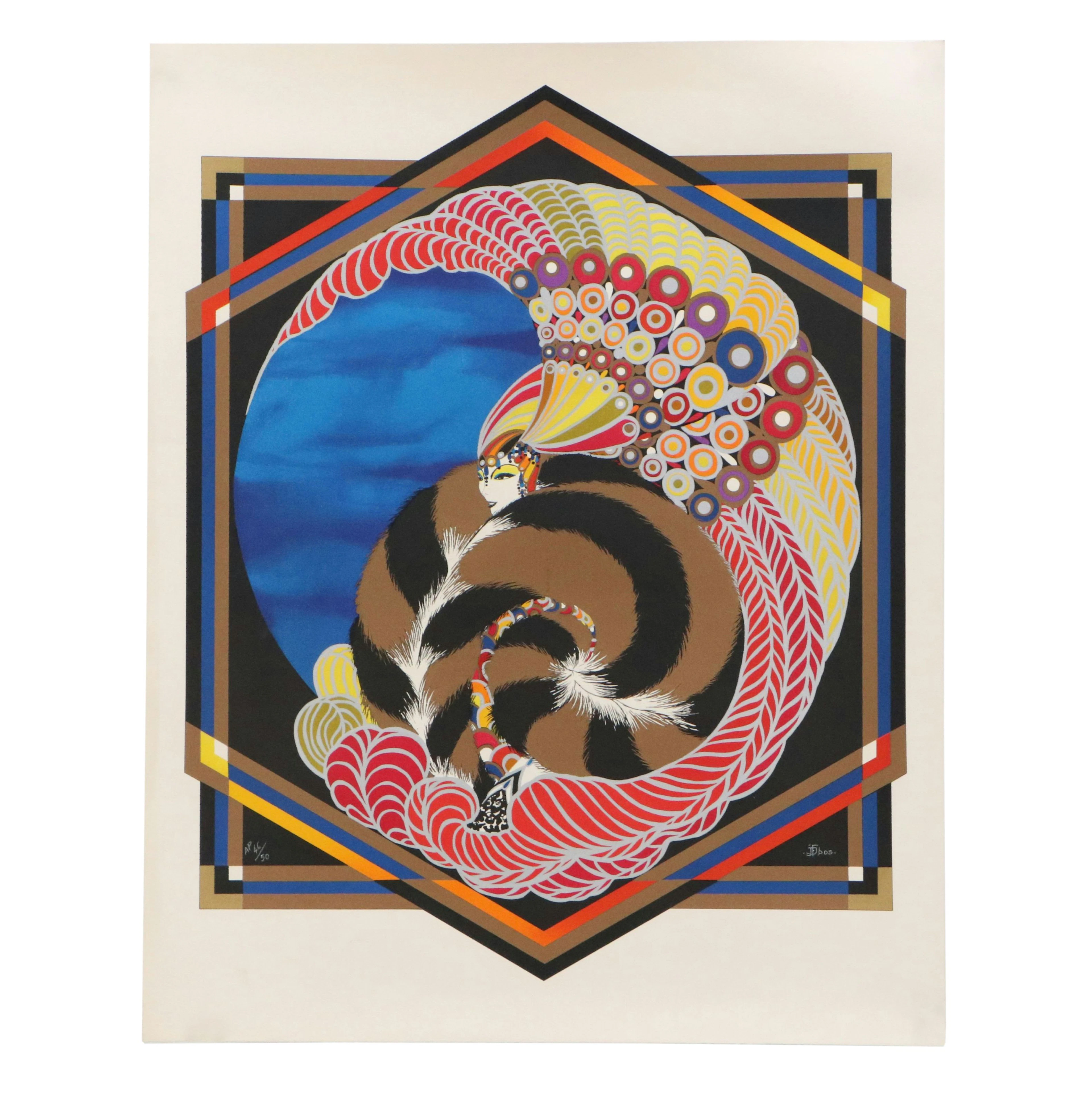 Jean-François Ibos Art Deco Revival Color Lithograph "Miroir," Circa 1980