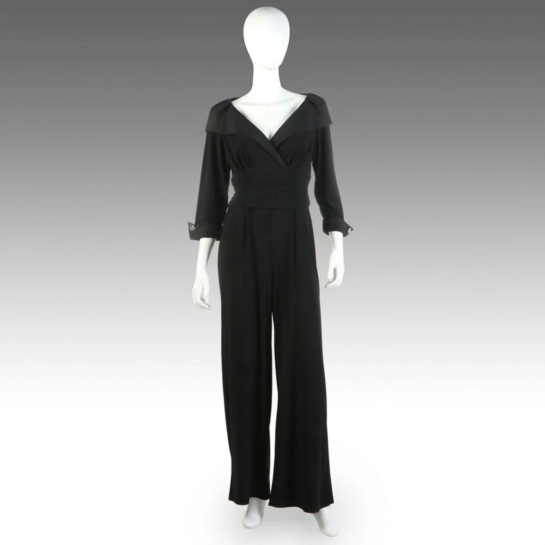 Jessica Howard Wide Draped Collar Side Ruched Waist Jumpsuit in Black