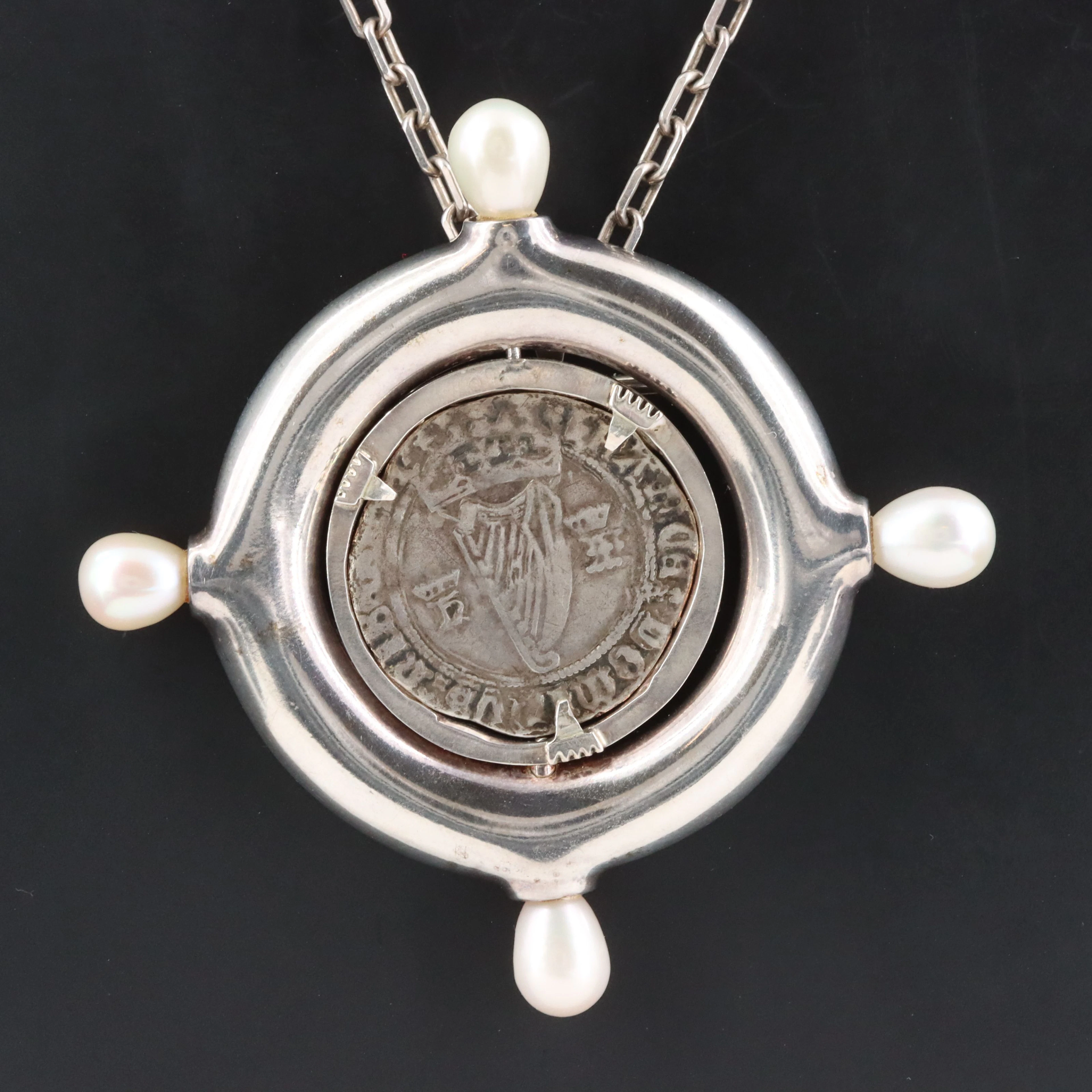 Sterling and 950 Silver Pearl Spinner Pendant with Henry VIII Silver Groat Coin