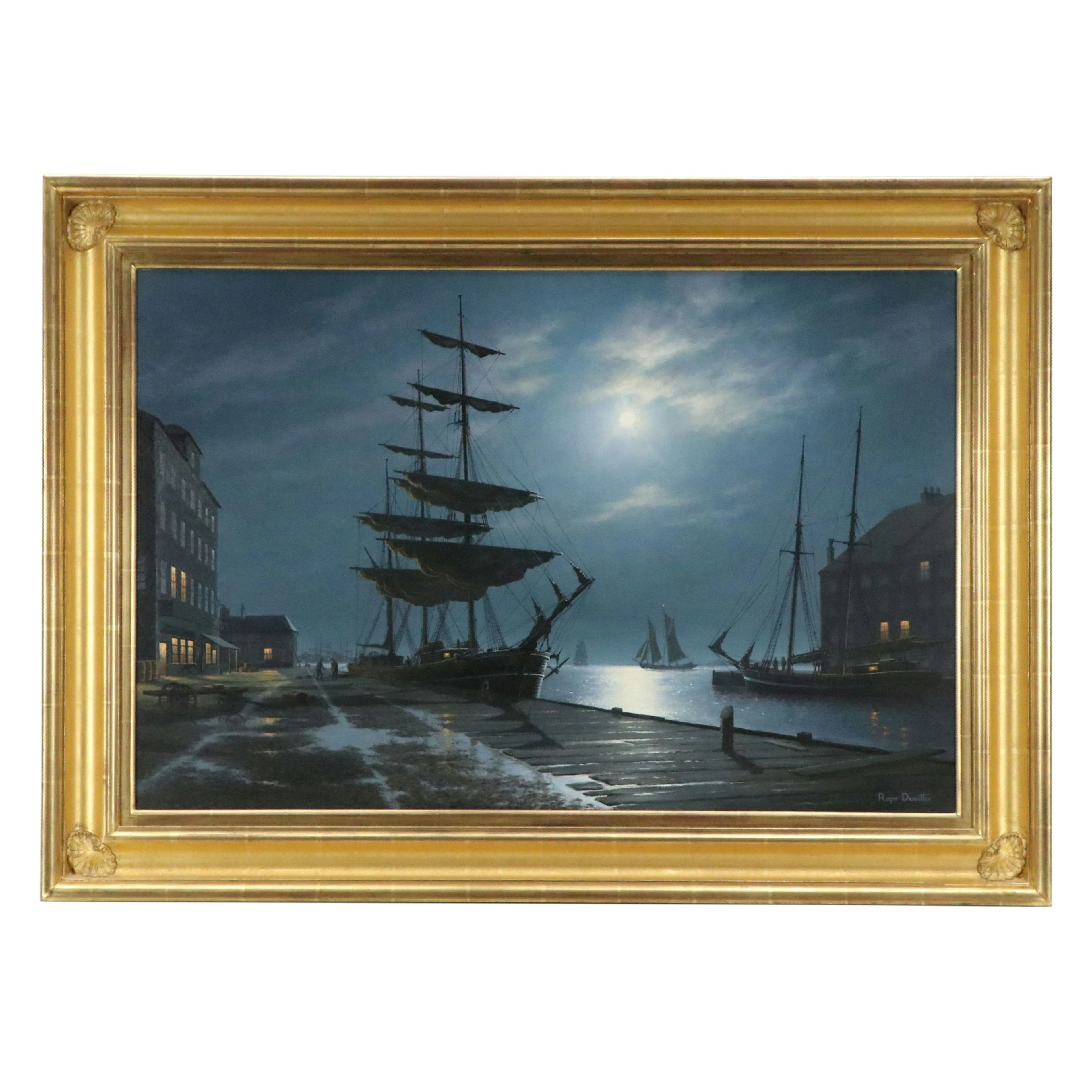 Roger Desoutter Oil Painting of Nighttime Harbor Scene, Late 20th to 21st C.