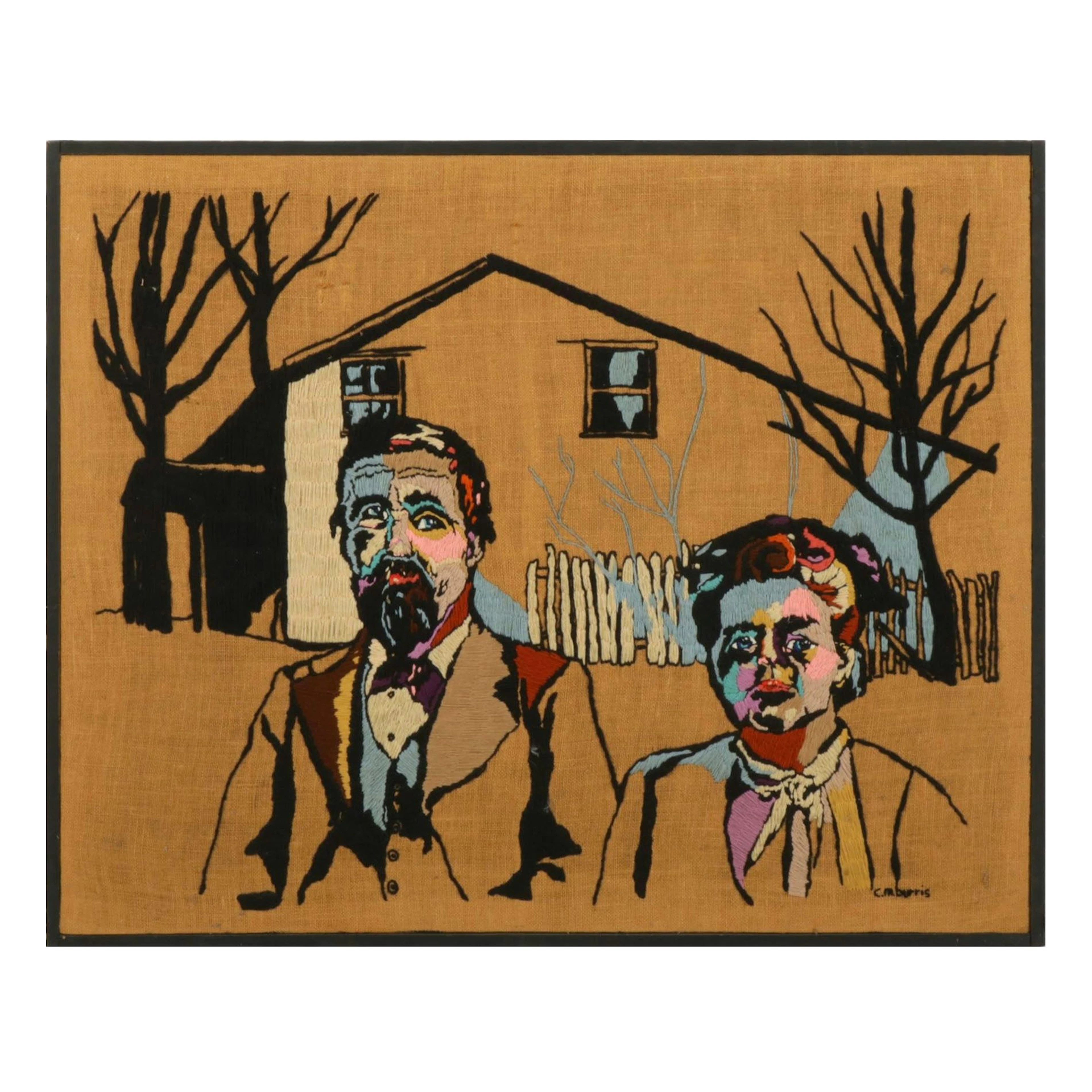 C. M. Burris American Folk Art Style Embroidered Portrait of Man and Woman