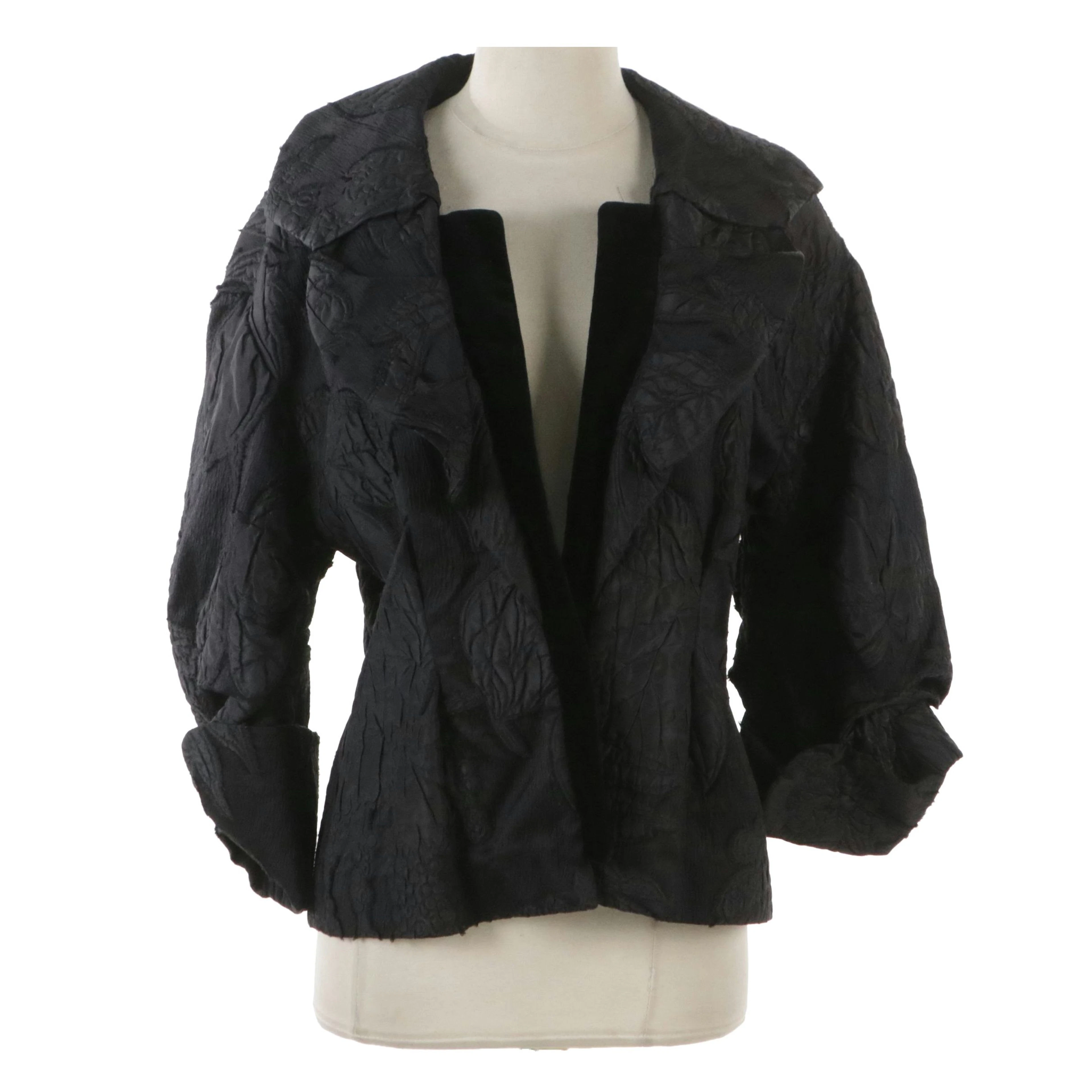 Christian Lacroix Black Textured Wool Blend Snap Jacket with Velvet Trim