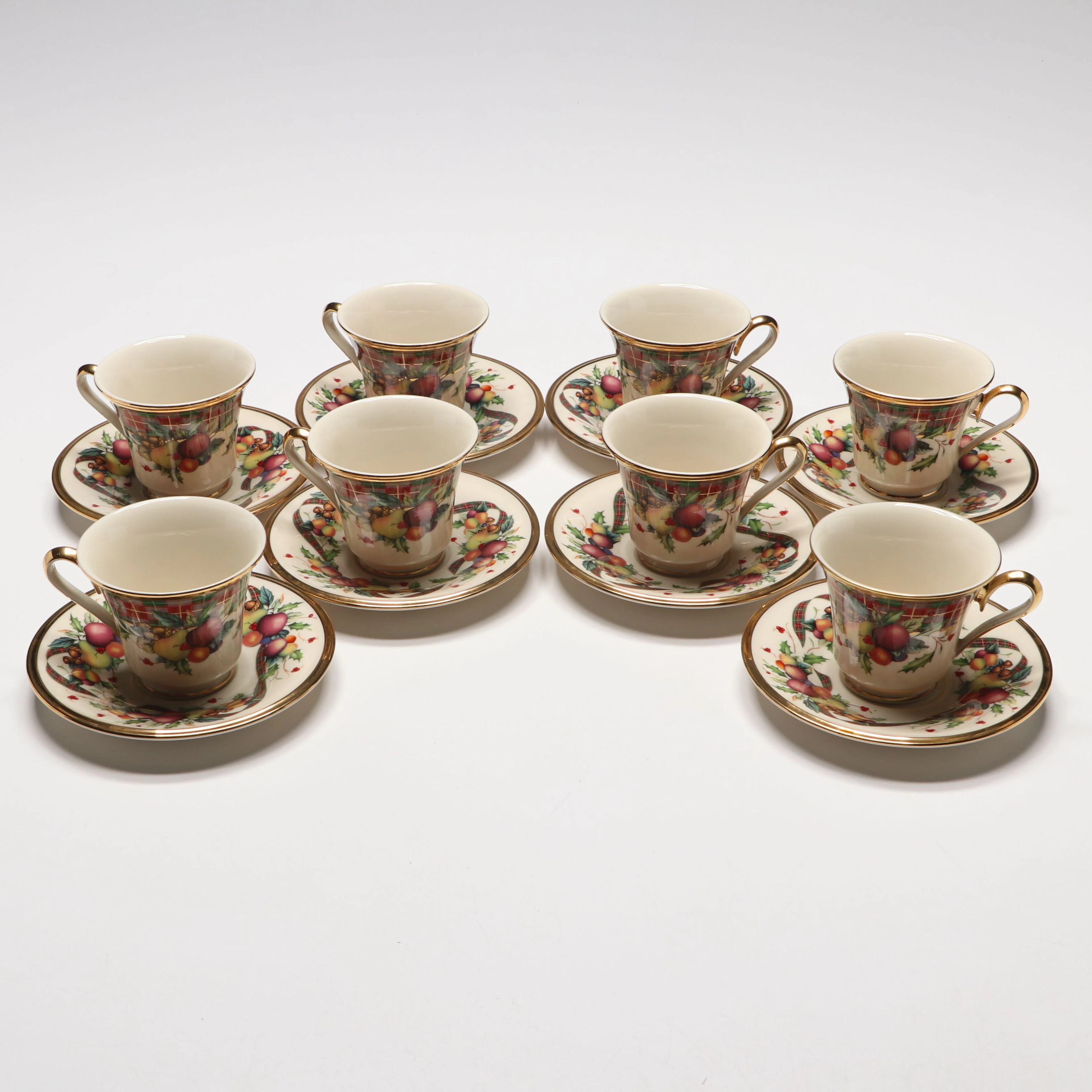 Lenox "Holiday Tartan" Porcelain Cups and Saucers, Late 20th/Early 21st Century
