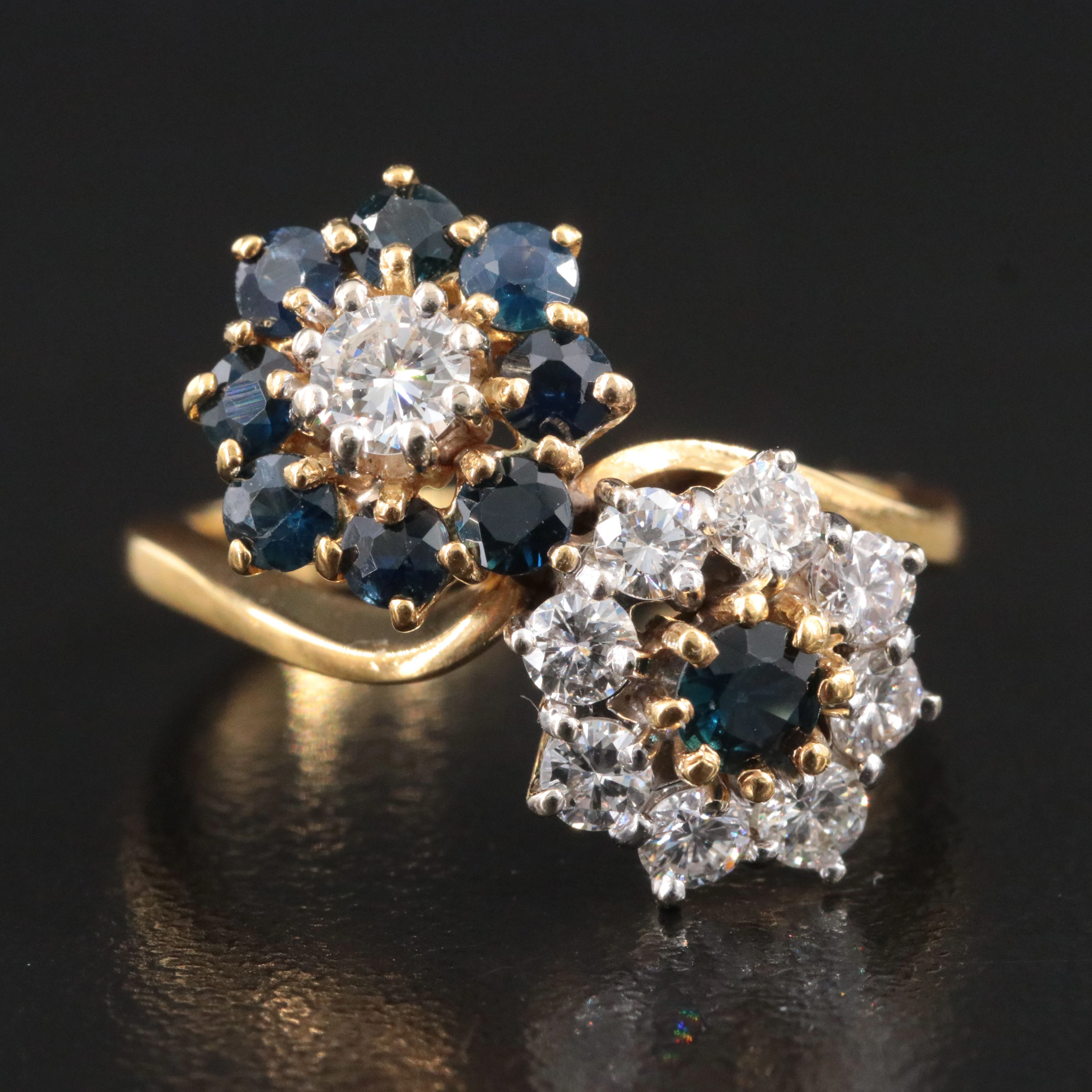 Vintage 18K 0.65 CTW Diamond and Sapphire Toi et Moi Flower Ring