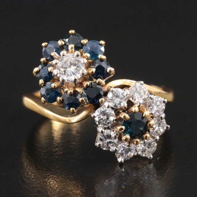 Vintage 18K 0.65 CTW Diamond and Sapphire Toi et Moi Flower Ring