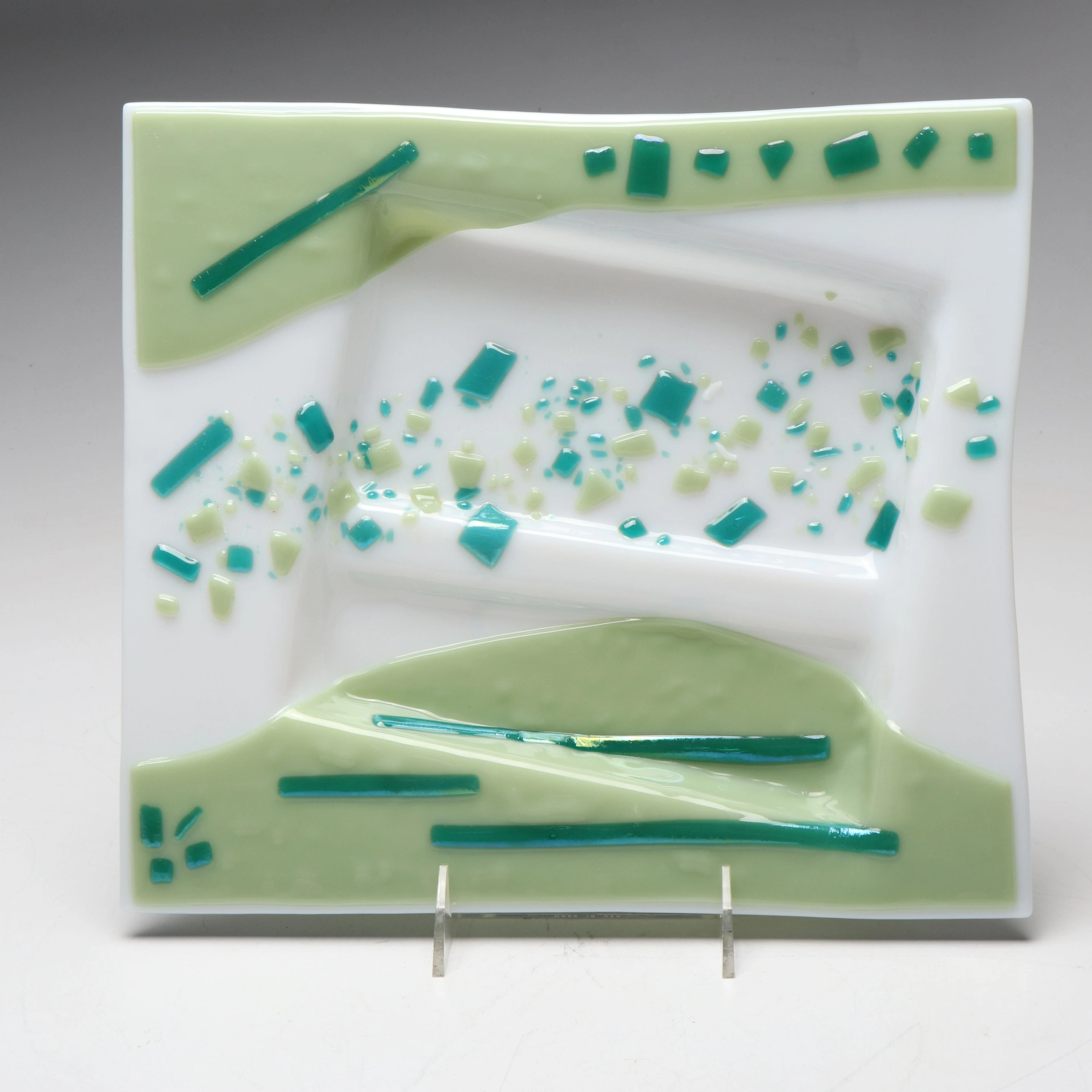 Green and White Fused Art Glass Tray