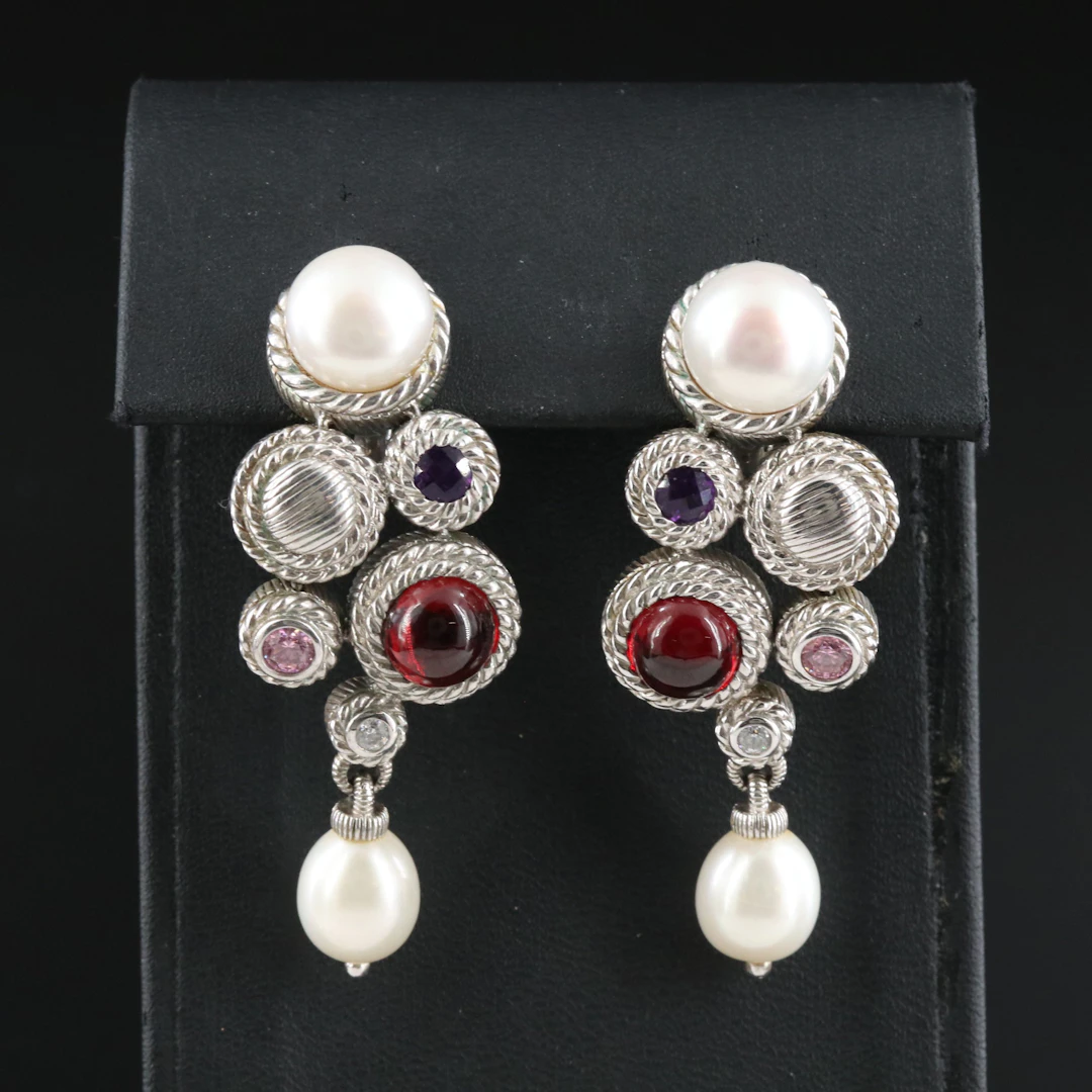 Judith Ripka Sterling Pearl, Garnet, and Amethyst Cluster Drop Earrings