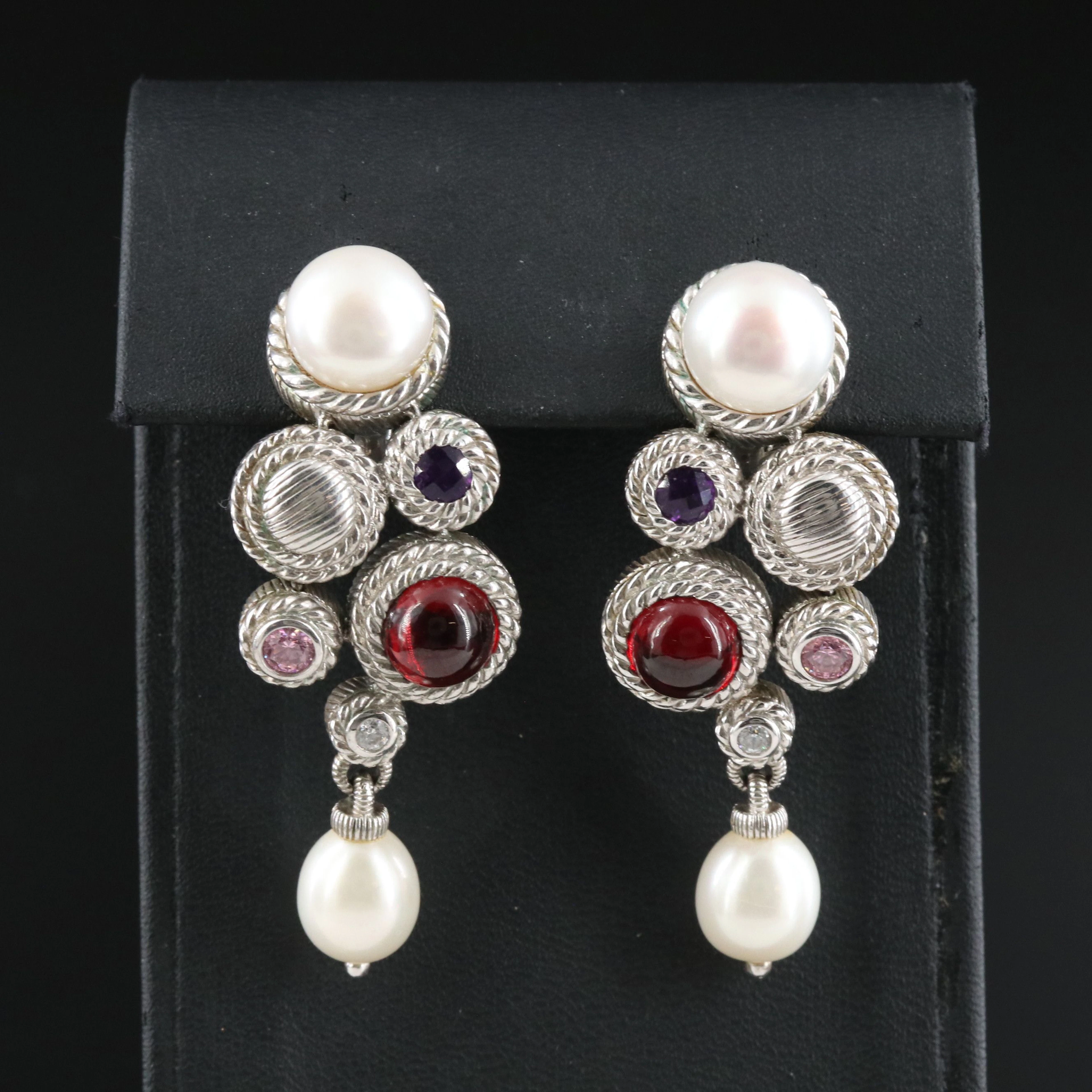 Judith Ripka Sterling Pearl, Garnet, and Amethyst Cluster Drop Earrings