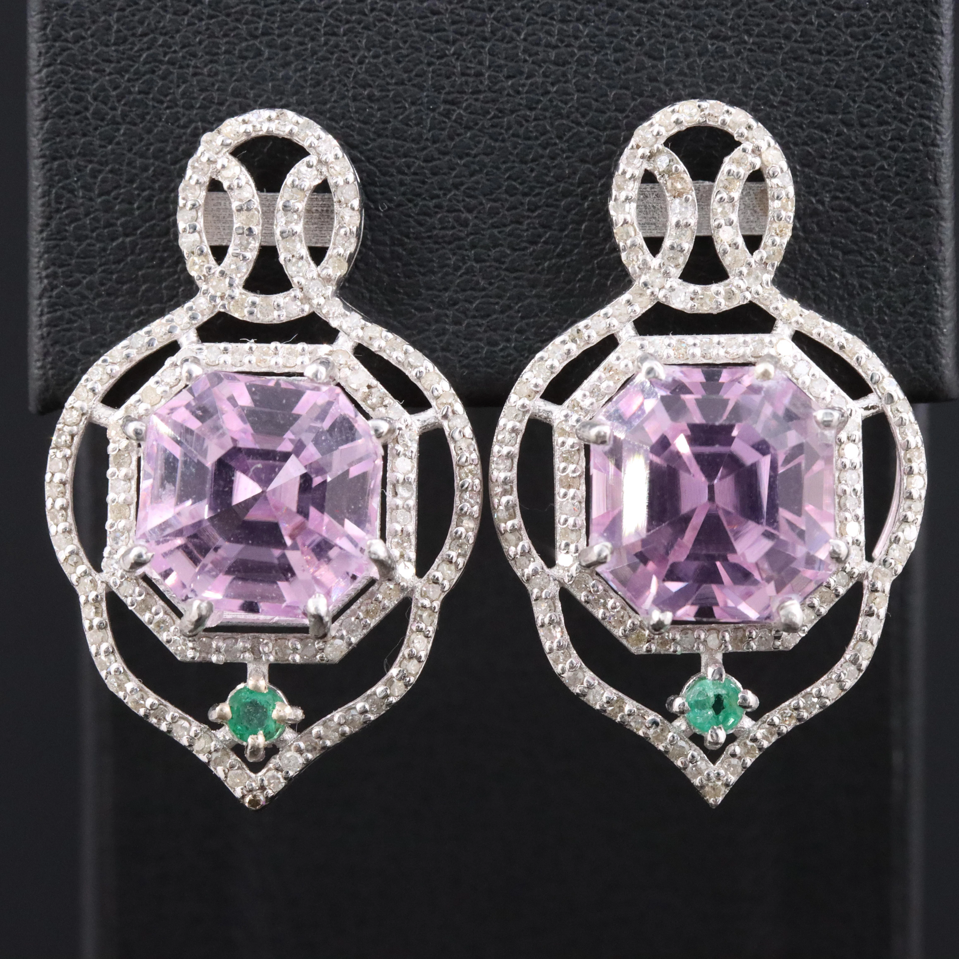 Sterling Kunzite, Emerald and Diamond Earrings