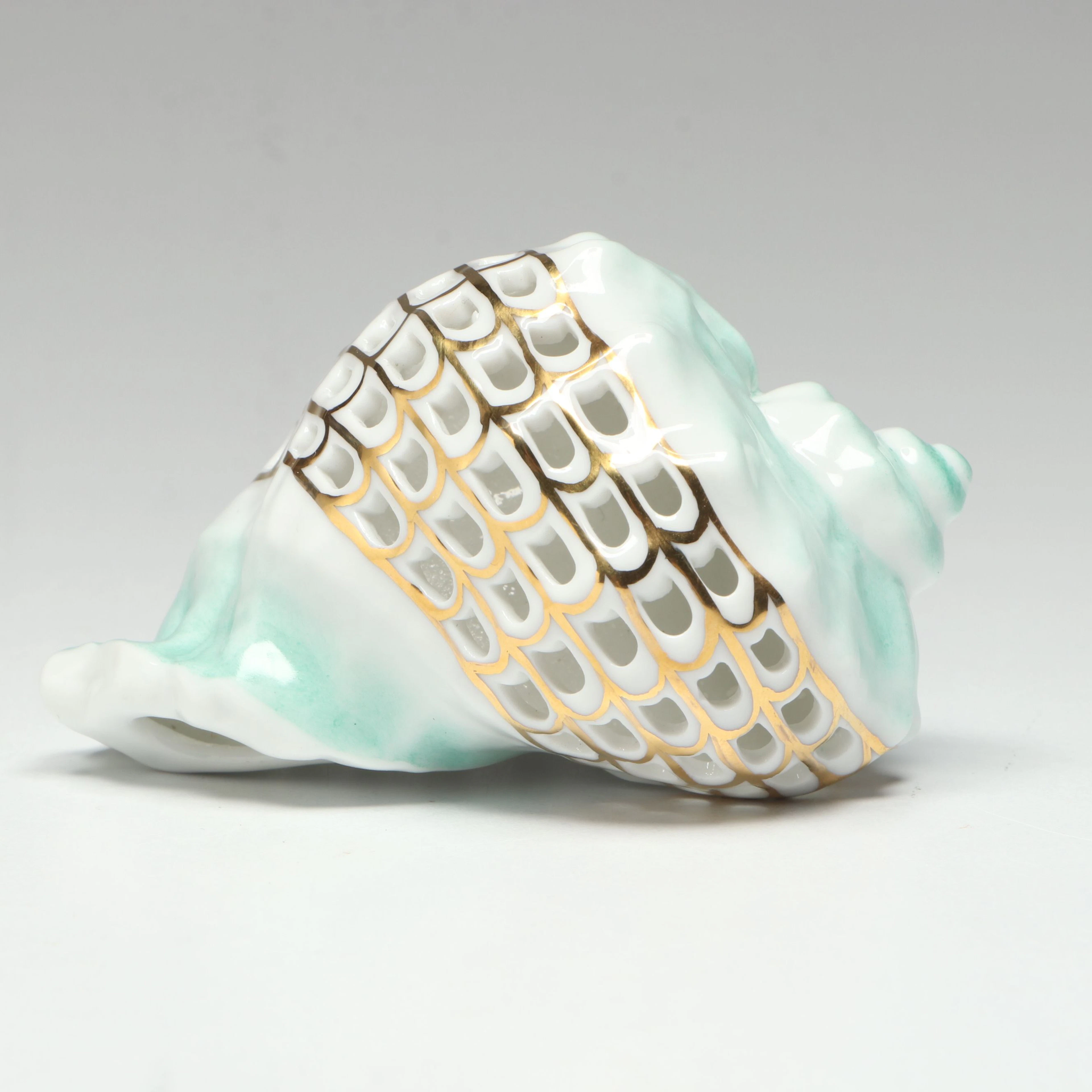 Herend Green with Gold "Helmet Shell" Openwork Porcelain Figurine