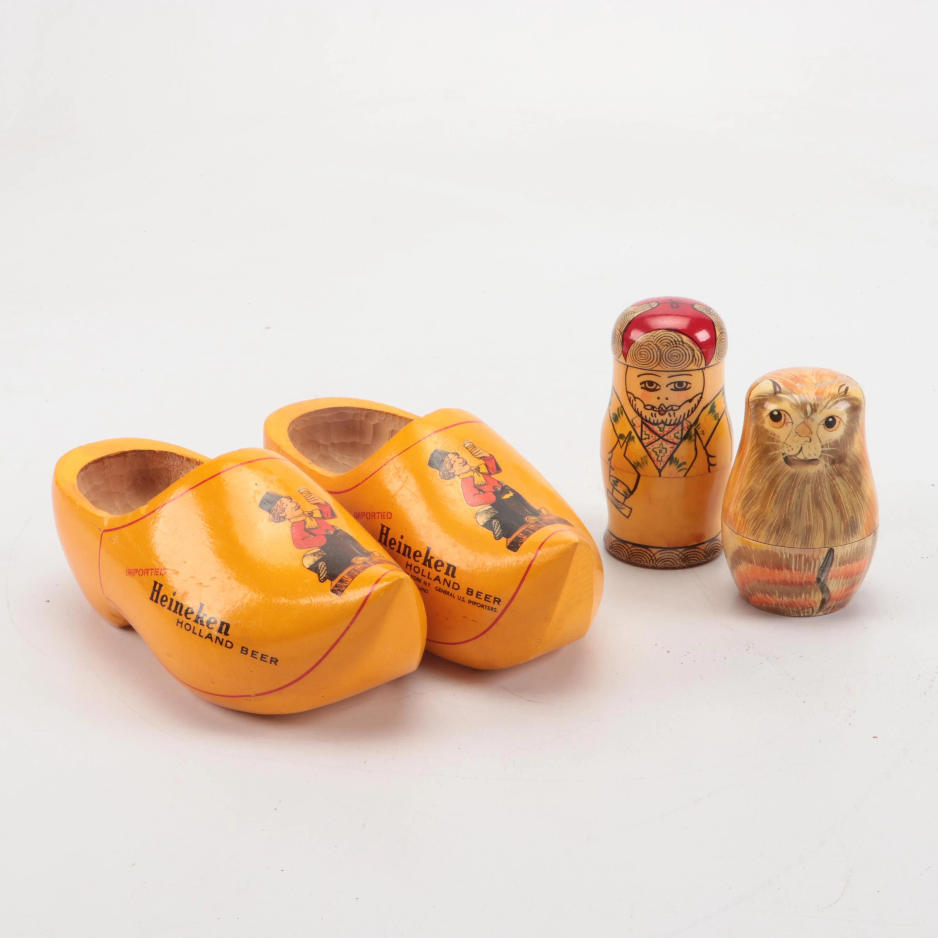 Heineken Wooden Carved Clogs with Wooden Matryoshka Dolls, Late 20th C.