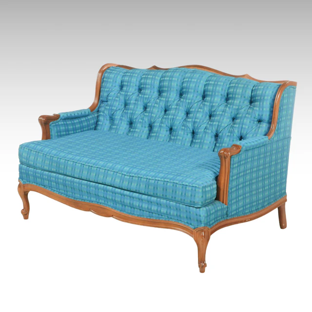 Broyhill Premier Tufted Blue Plaid Settee, Mid-20th Century