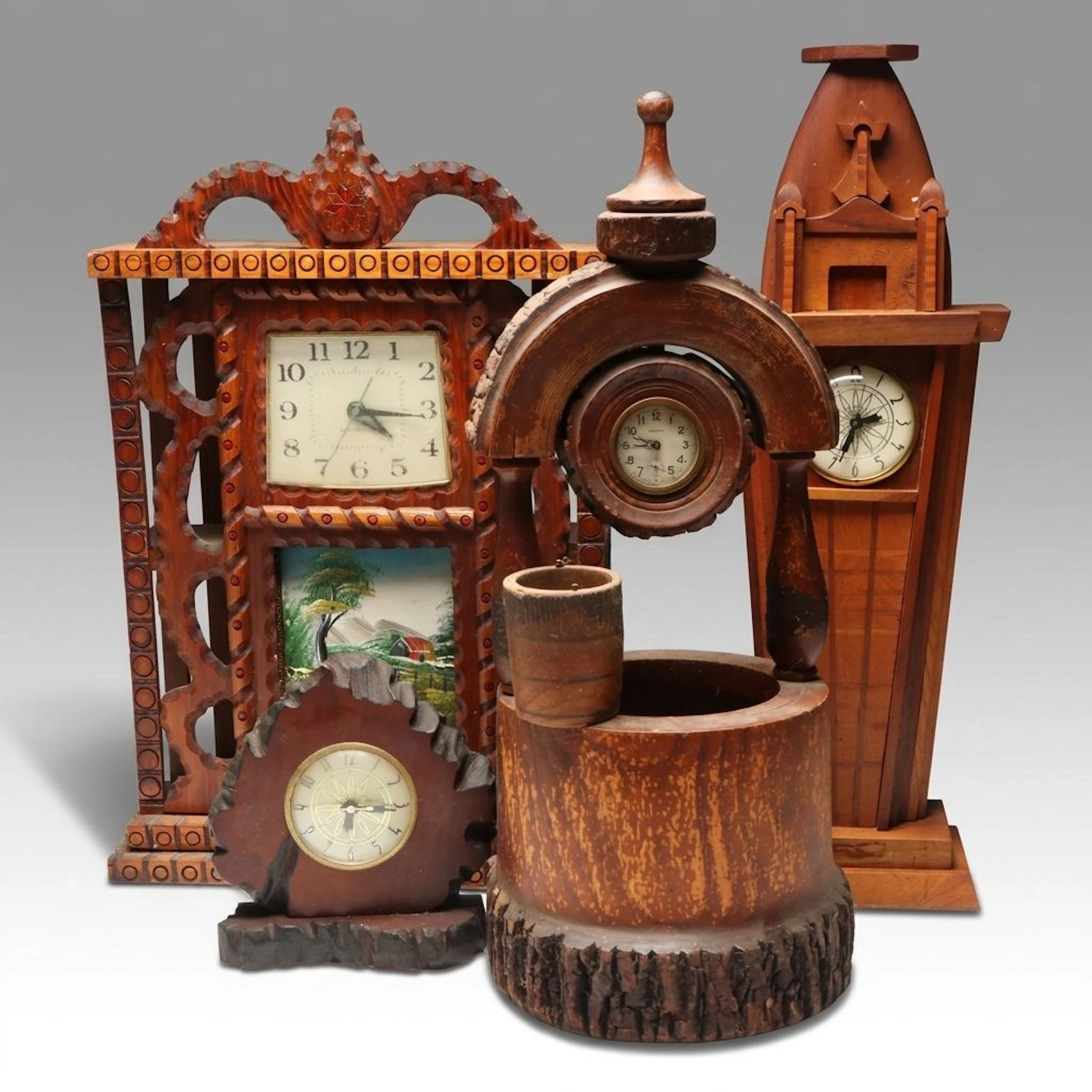Adirondack Wooden Wishing Well with Other Novelty Carved Wooden Case Clocks