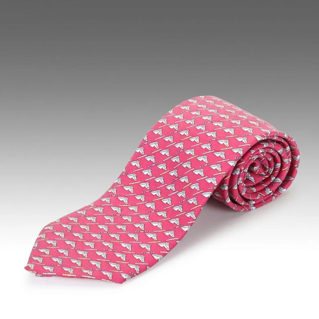Hermès Equestrian Motif Neck Tie in Pink Silk Twill