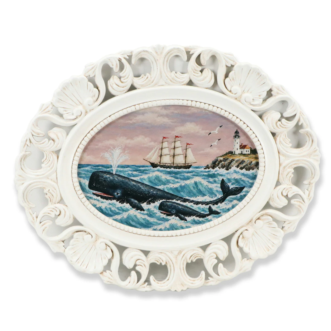 Americana Folk Art Style Giclée of Sperm Whale, Calf, and Coastal Scene