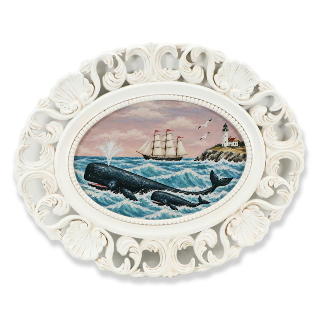 Americana Folk Art Style Giclée of Sperm Whale, Calf, and Coastal Scene