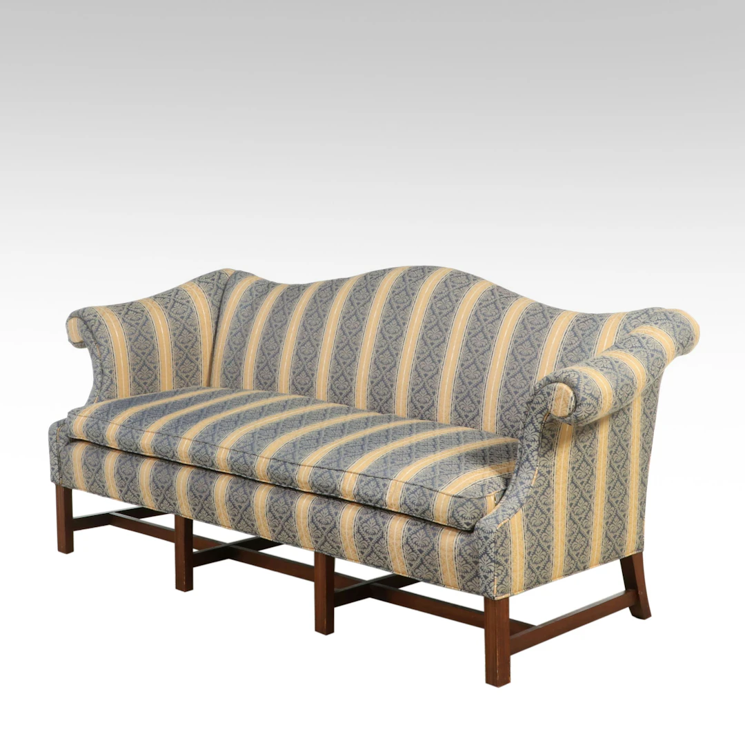 Chippendale Style Striped Upholstered Camelback Sofa