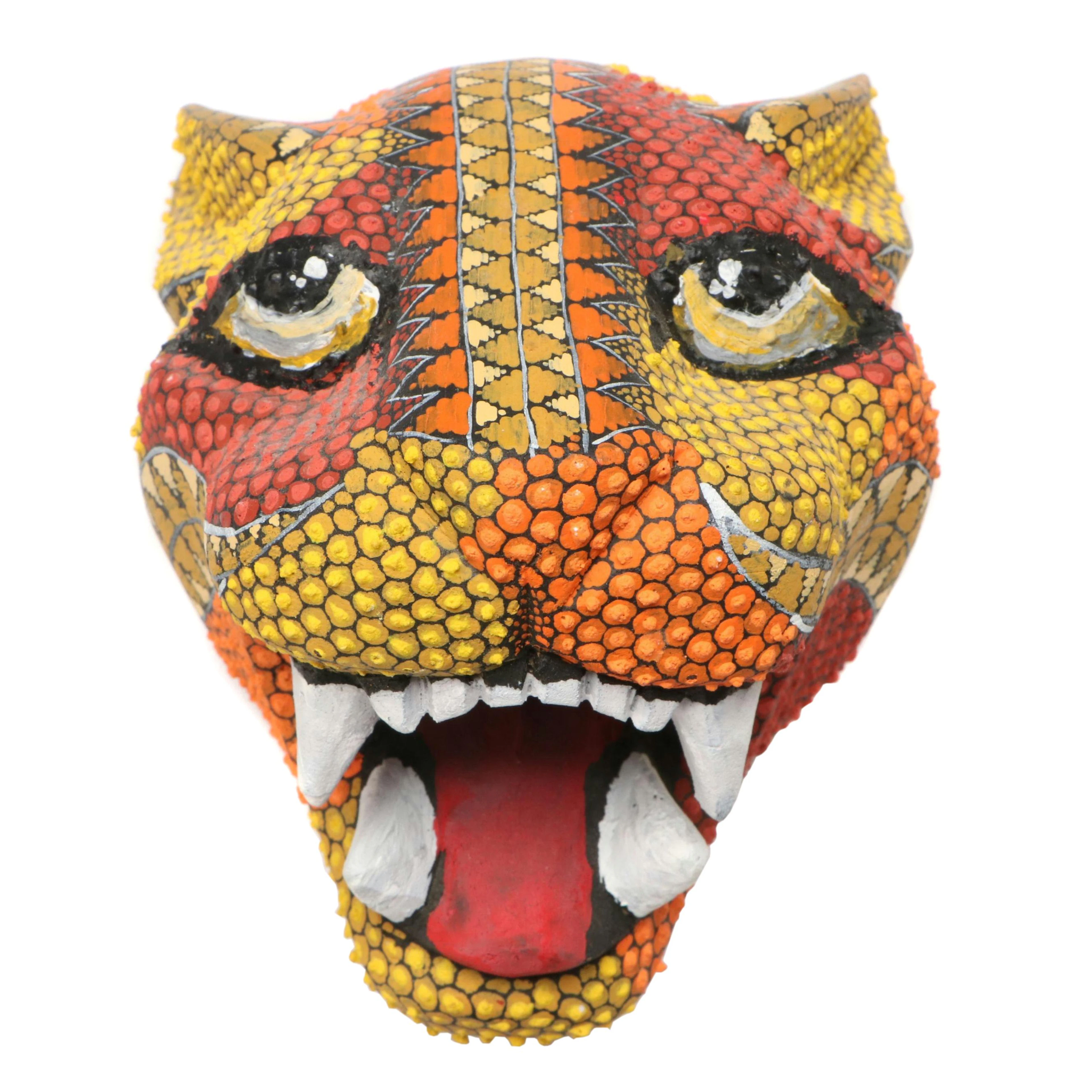 Mexican Folk Art Alebrije Hand-Painted Wood Jaguar Head