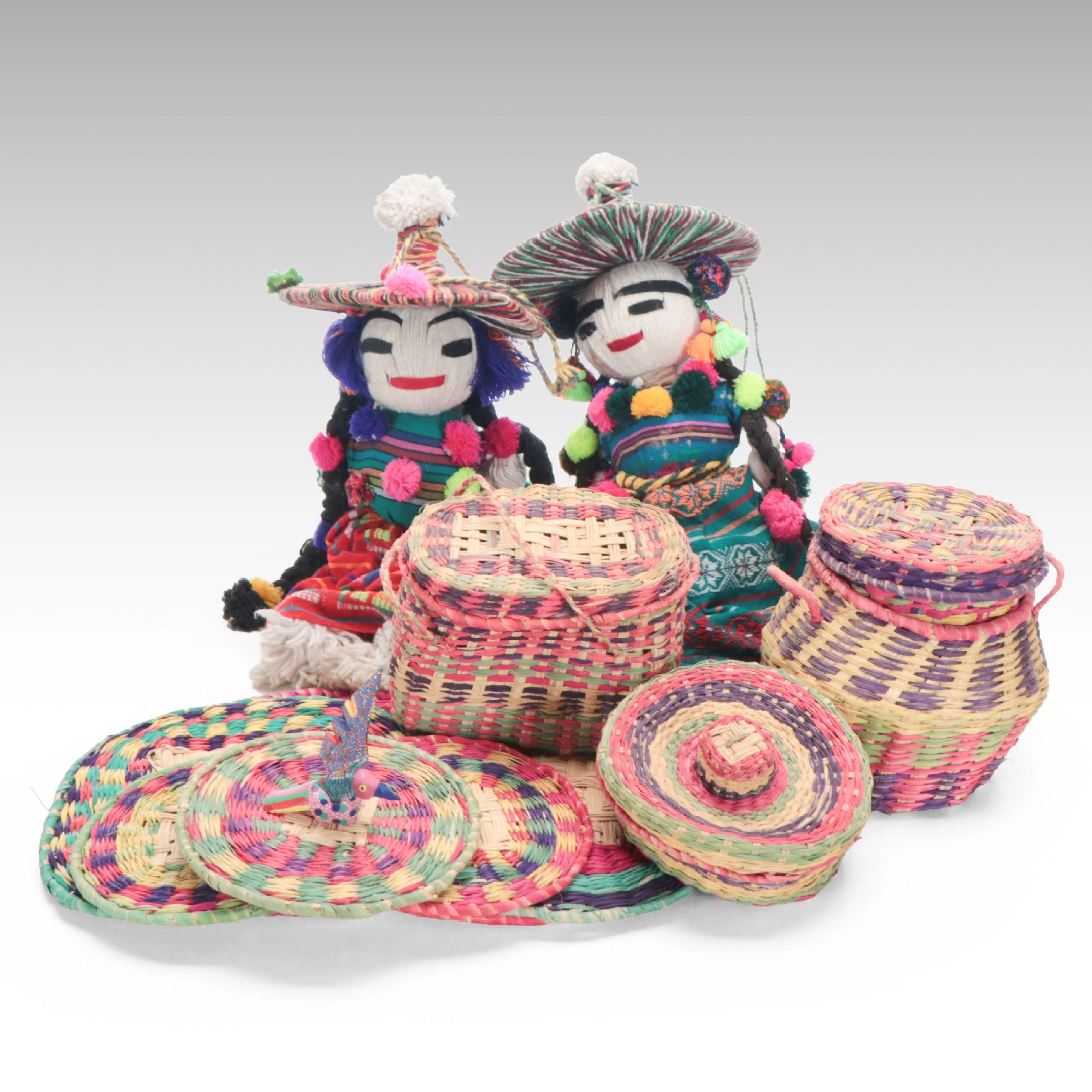 Mexican Folk Art Yarn Dolls with Woven Palm Baskets and Other Décor