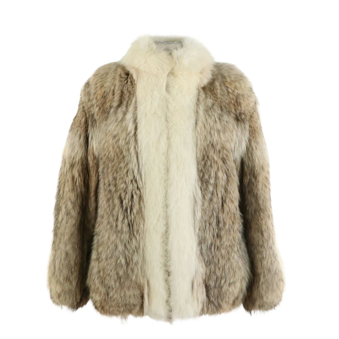 Coyote Fur and White Fox Fur Trimmed Zip Coat