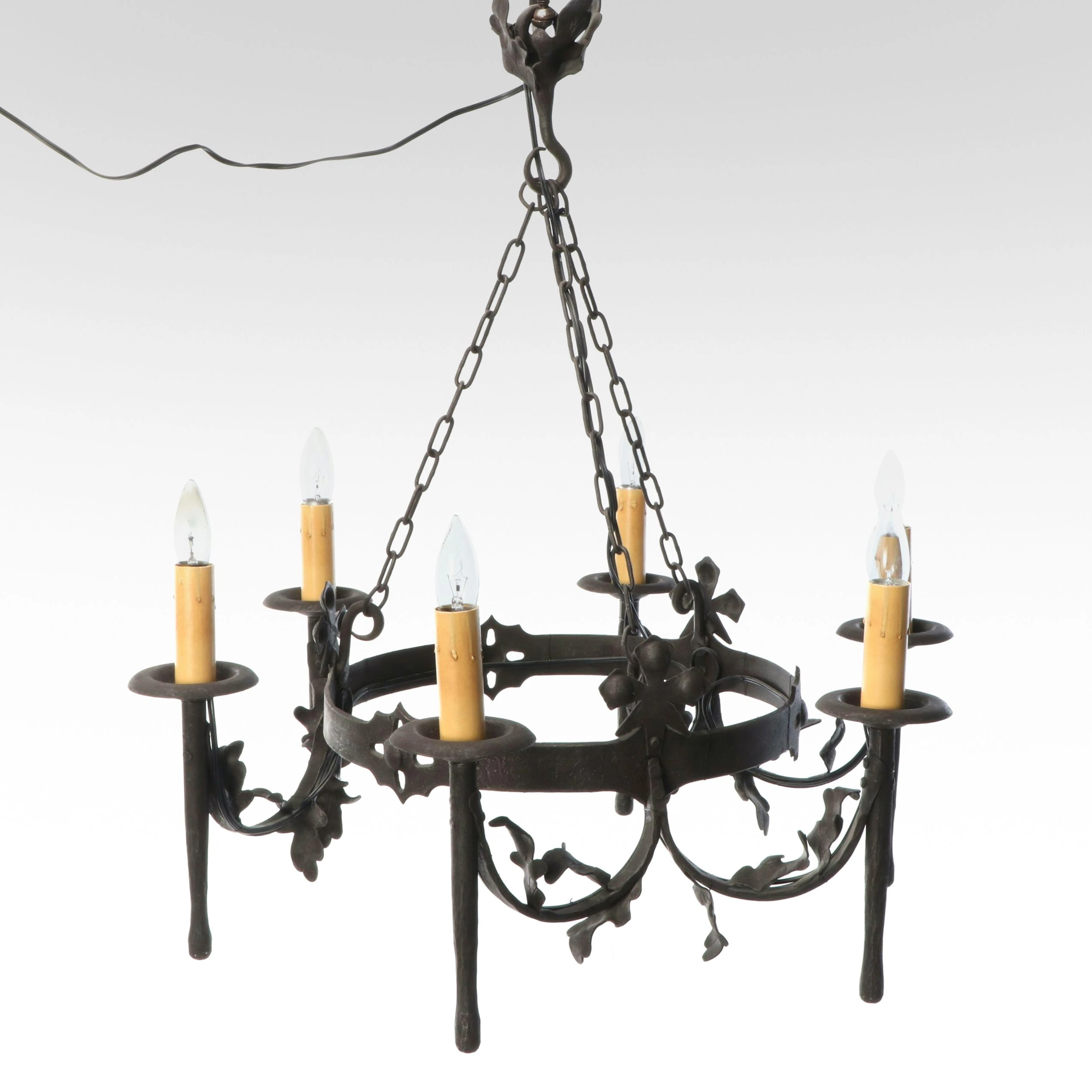 Spanish Revival Style Antiqued Wrought Iron Six-Arm Chandelier