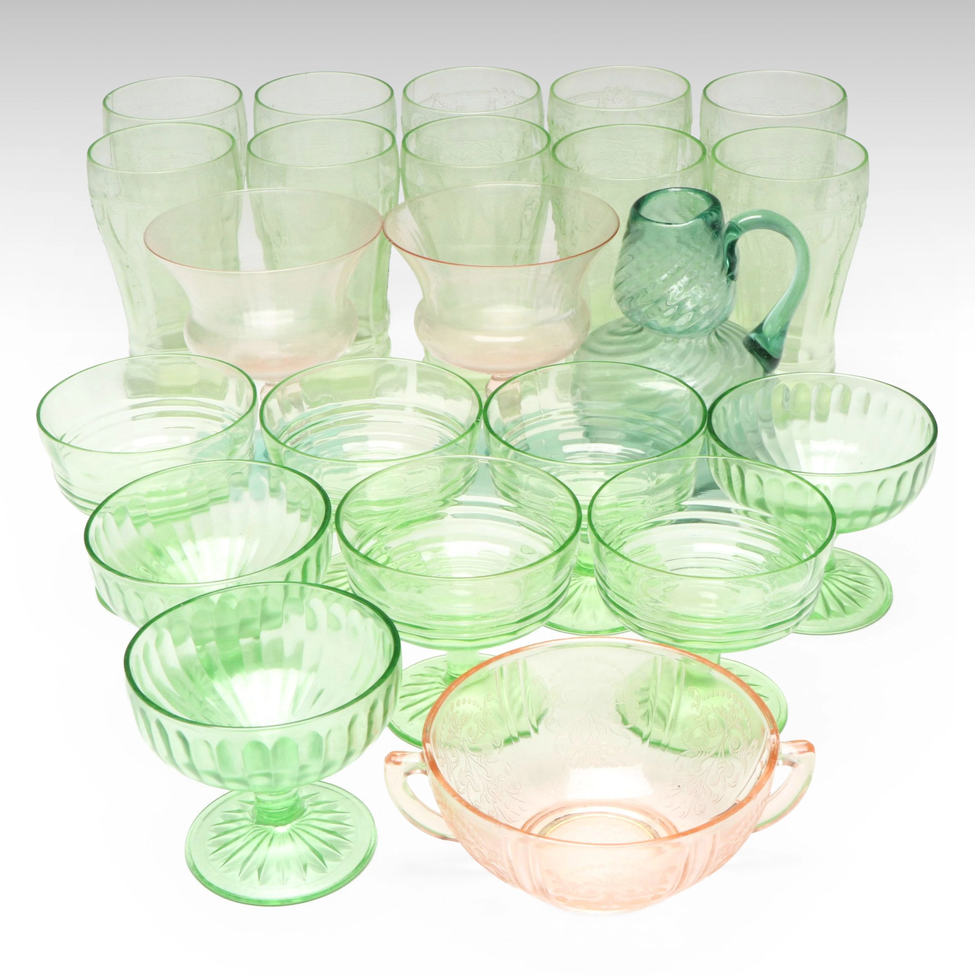 Pressed Uranium Glass Juice Cups with More Colored Glass Drinkware