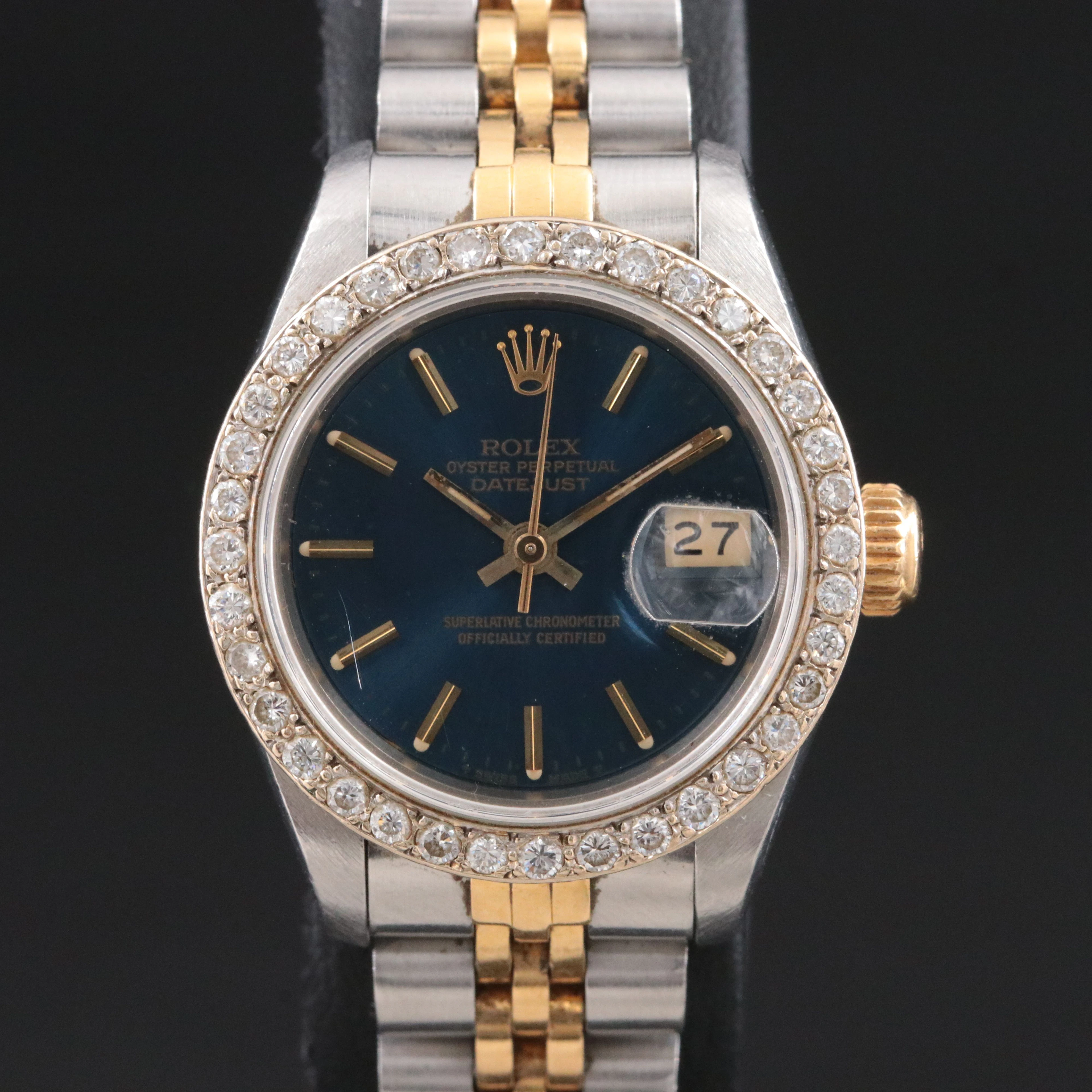 1989 Rolex Blue Dial Datejust Custom Diamond Bezel Two Tone Watch Model 69173
