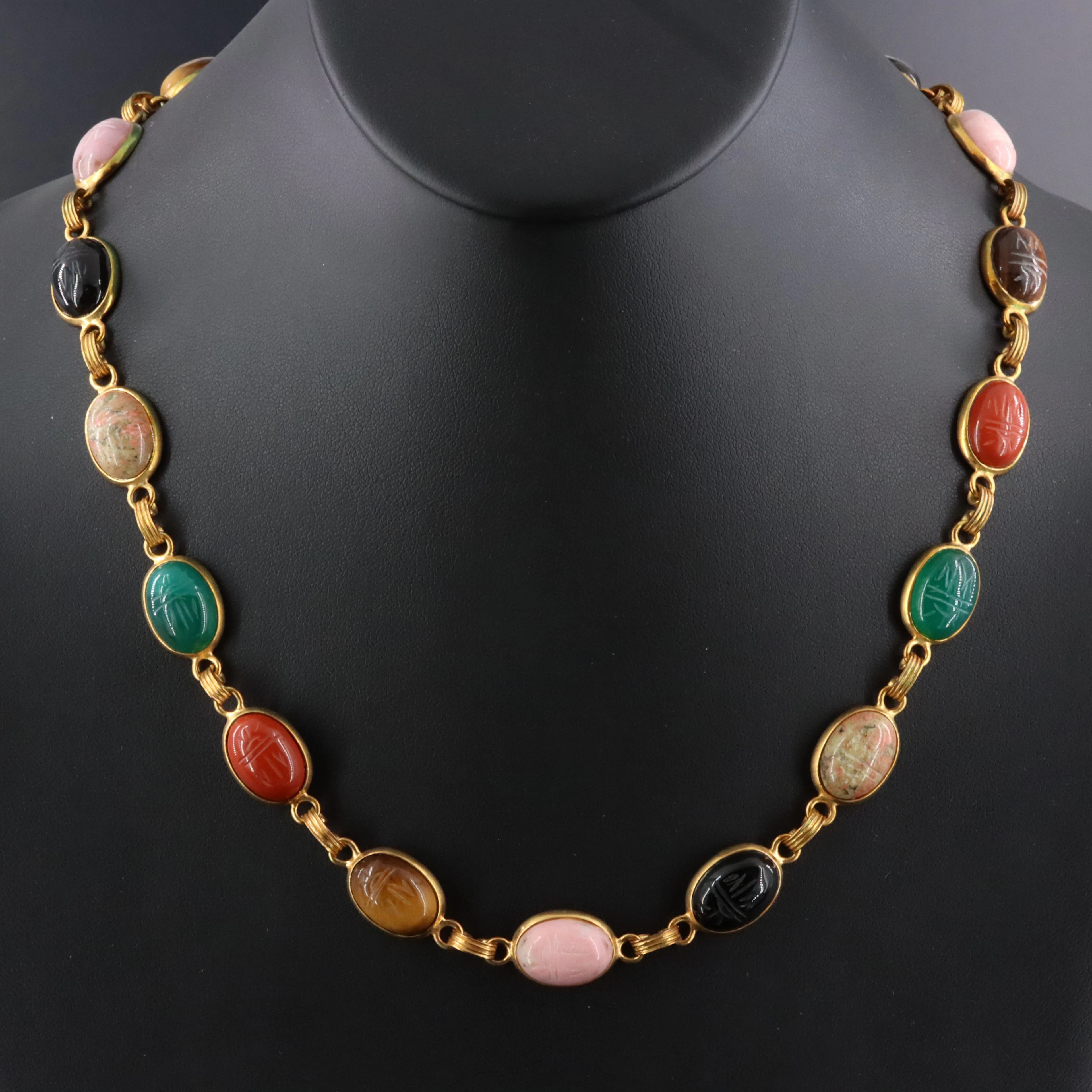Vintage Carved Gemstone Scarab Necklace Including Chalcedony & Tiger's Eye