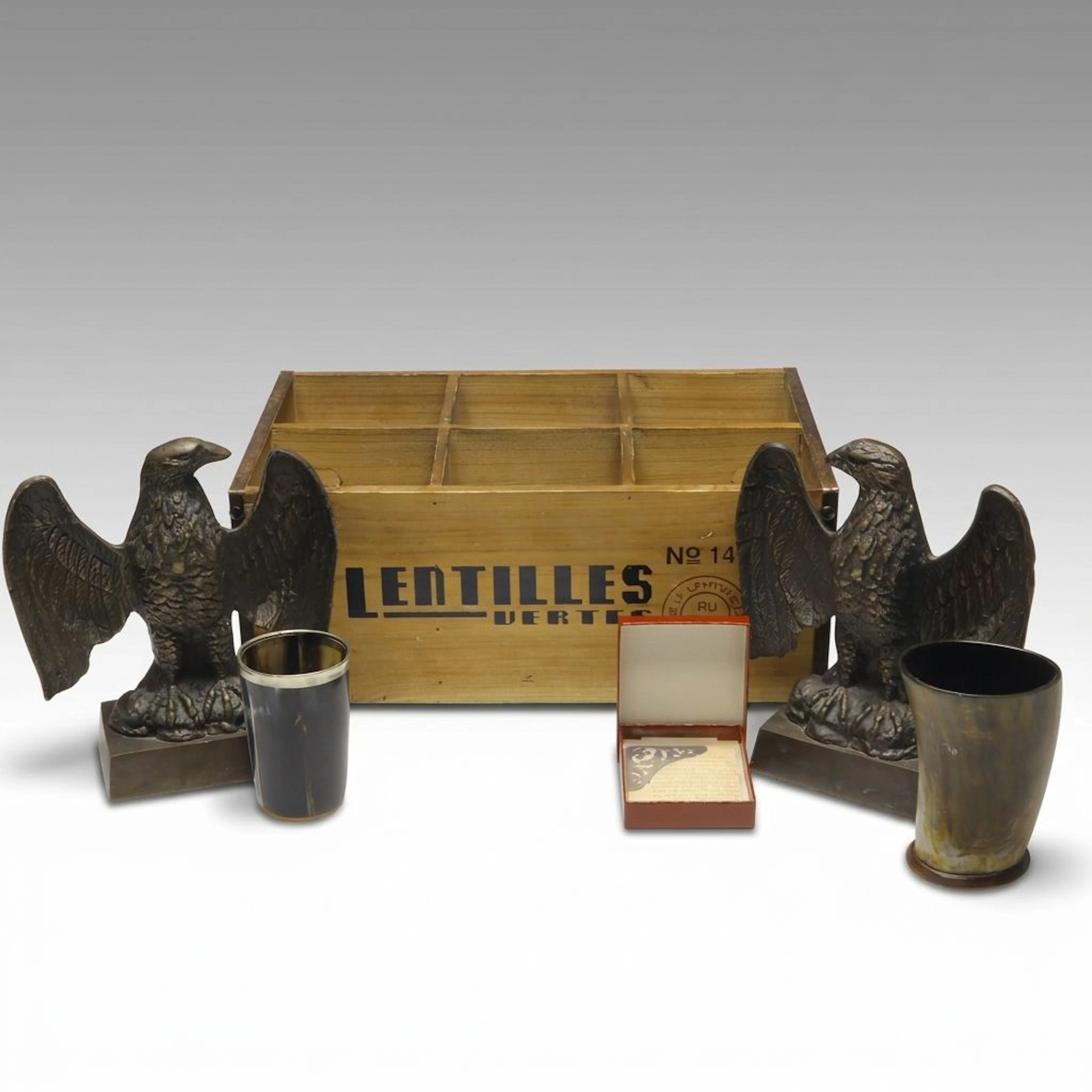 Gorham Sterling Bookmark, Horn Cups, Federal Style Eagle Bookends, More