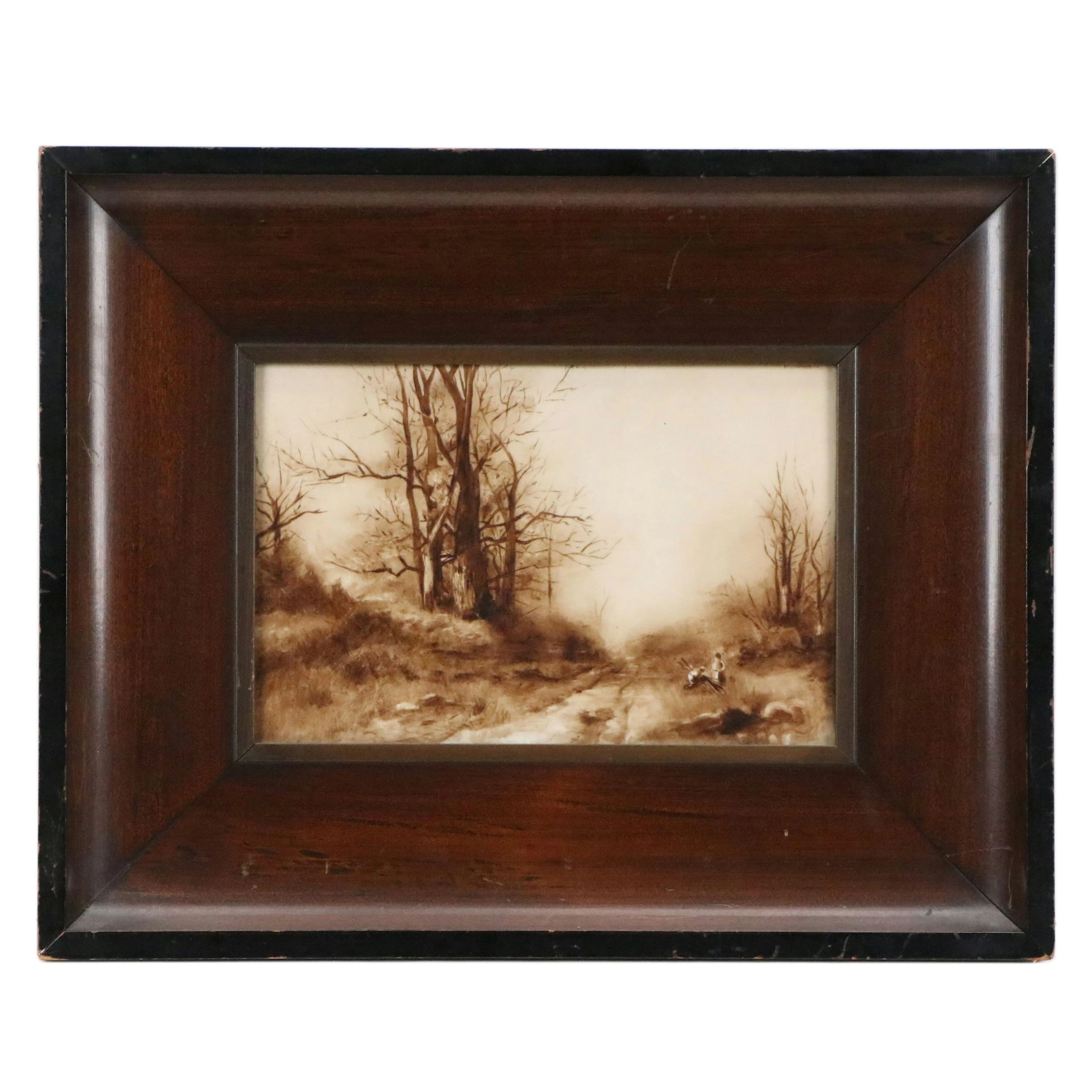 Hand-Painted Tonalist Landscape Porcelain Plaque, Late 19th/Early 20th Century
