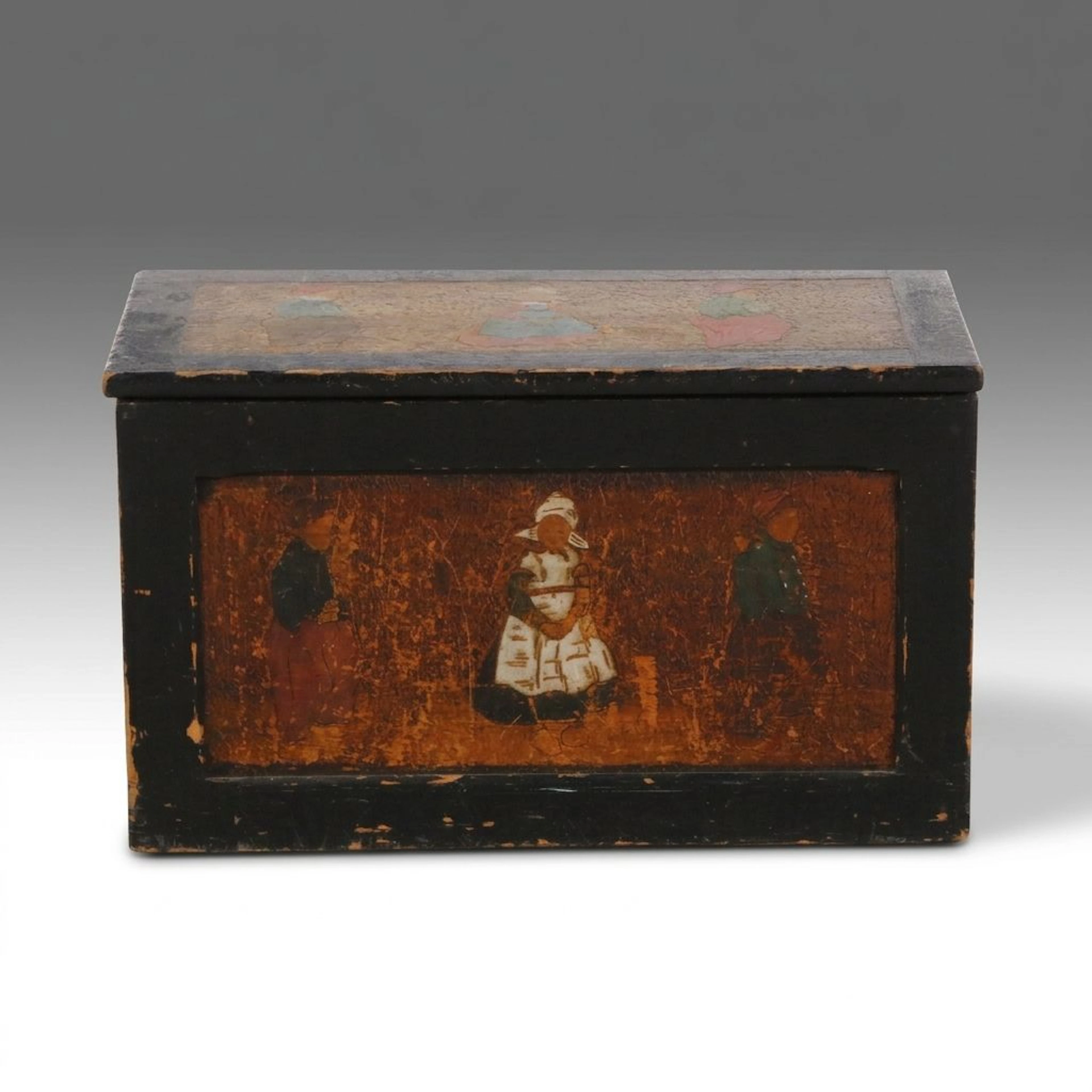 Folk Art Style Paint-Decorated Wood Trunk with Tufted Lining, 20th Century