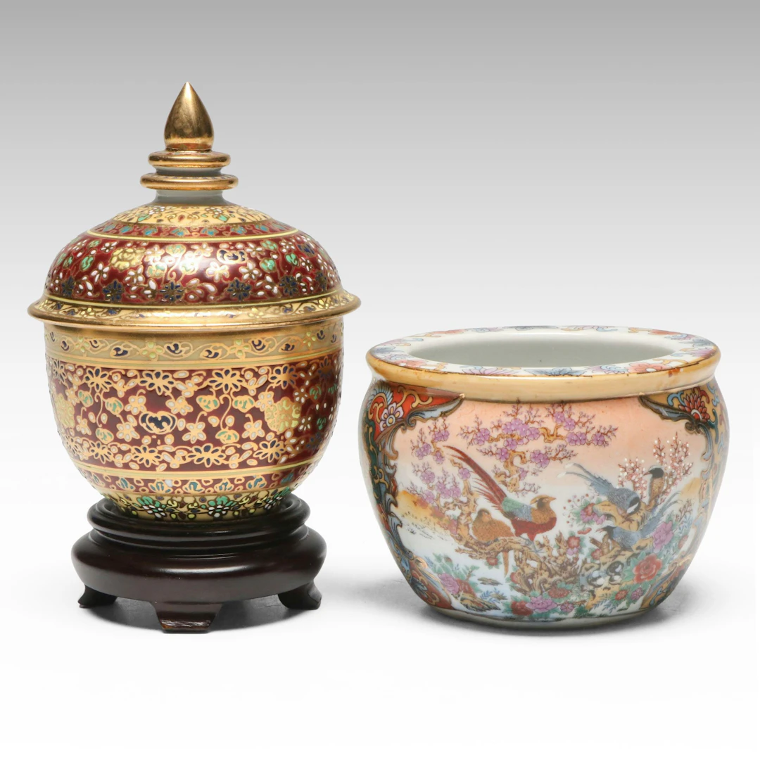 Thai Gilt Porcelain Benjarong Box with Chinese Porcelain Planter