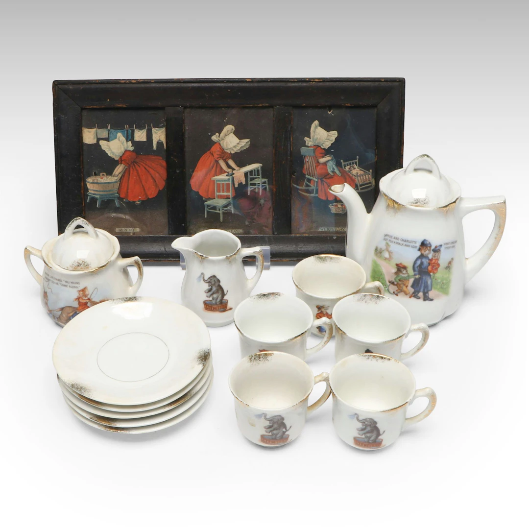 German Novelty Children's Tea Set with "A Busy Week" Framed Print