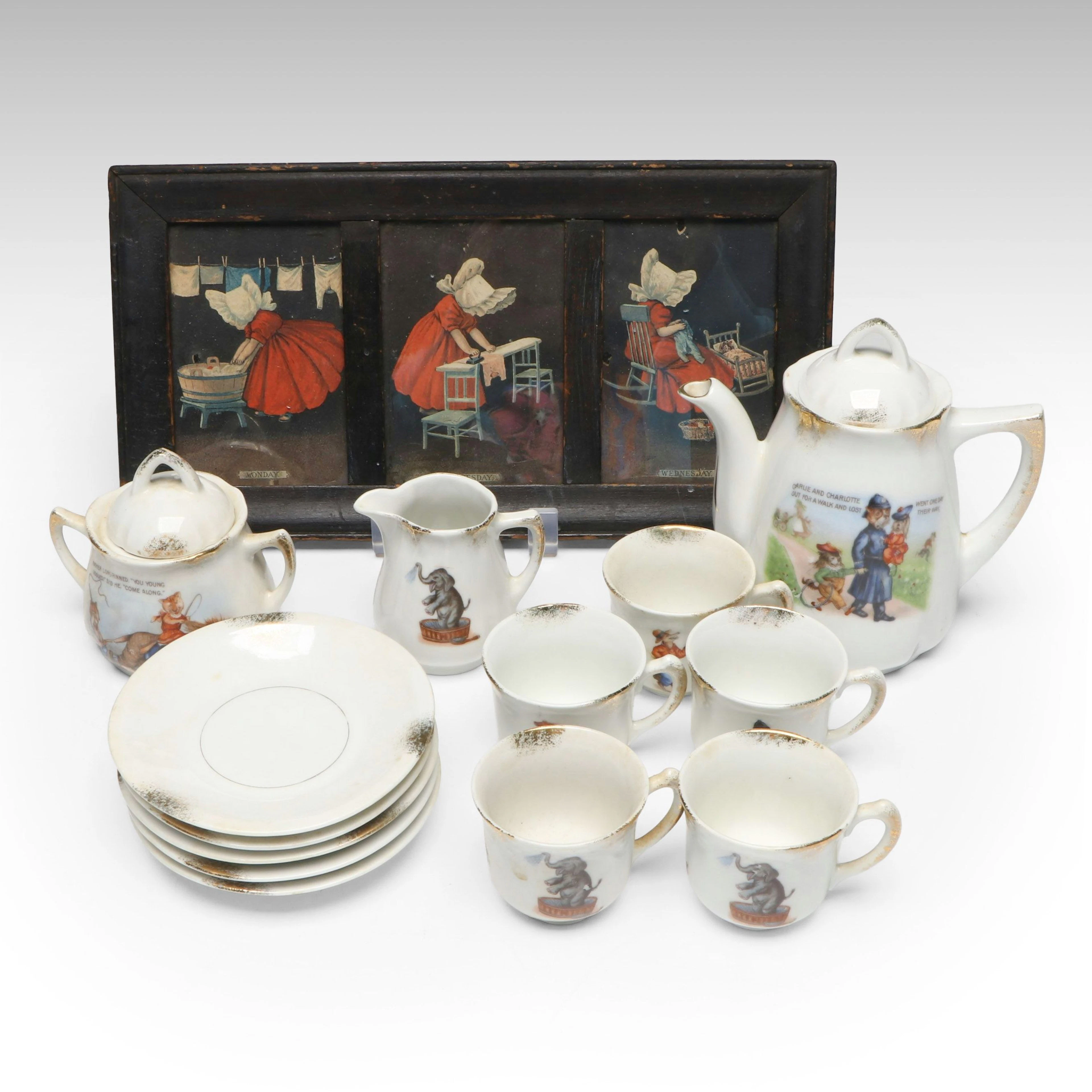 German Novelty Children's Tea Set with "A Busy Week" Framed Print
