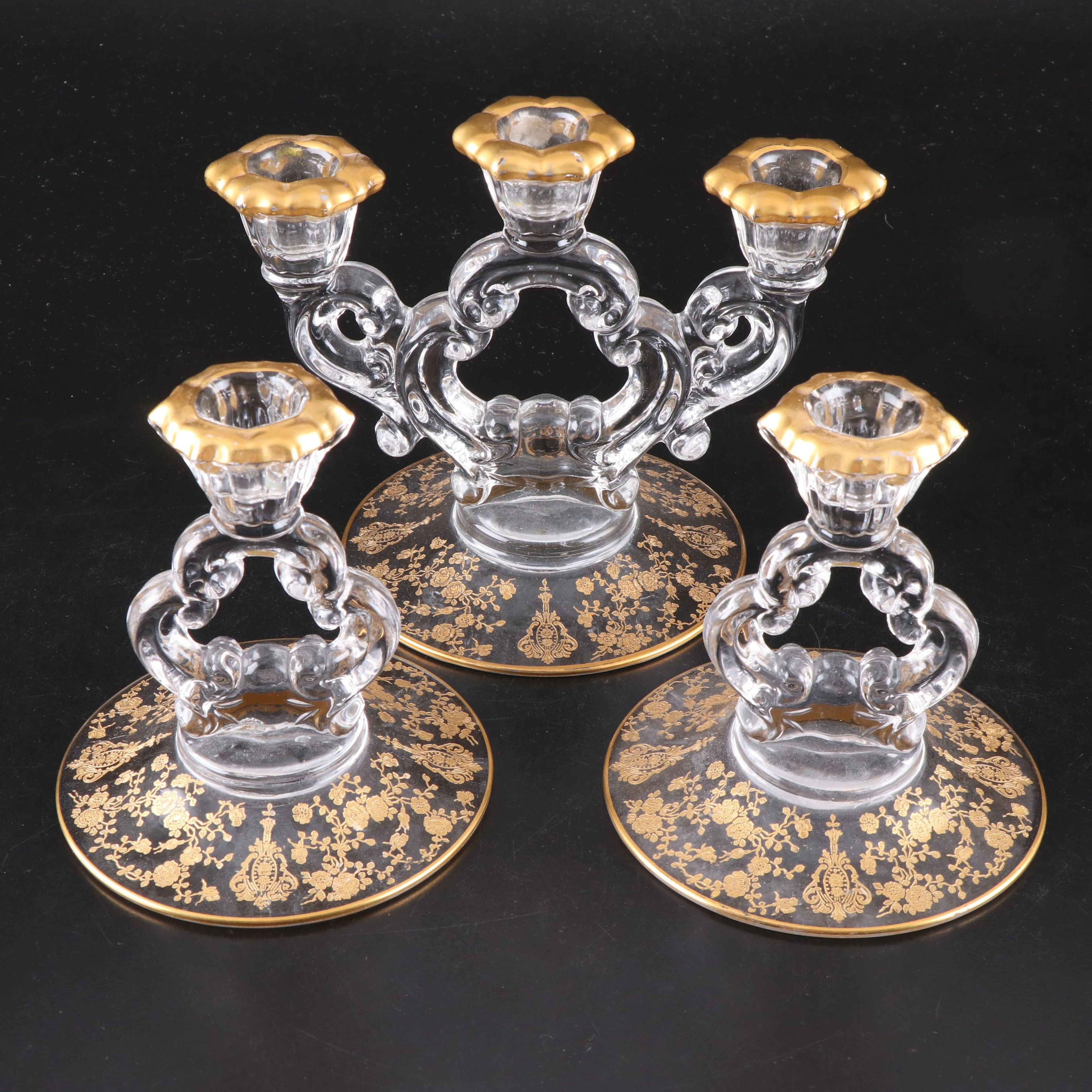 Cambridge "Rose Point" Gilt Glass Candelabra, Candlesticks, Early