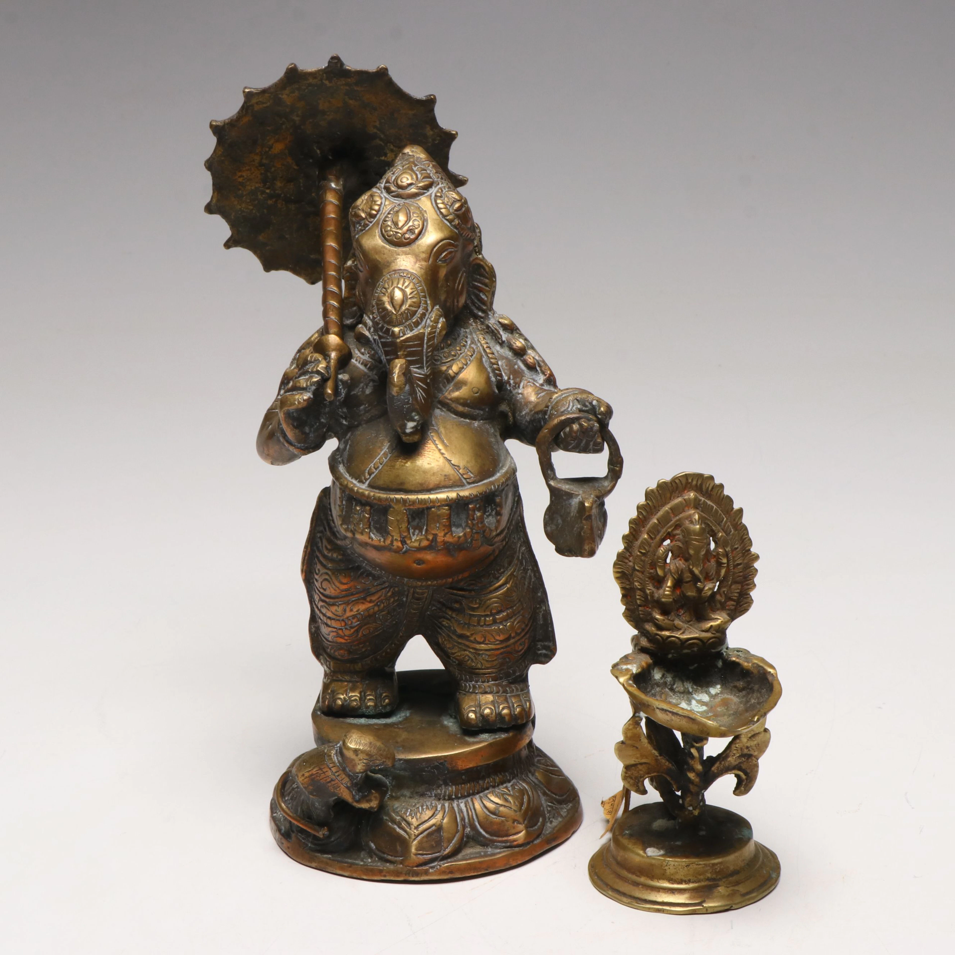 Nepalese Cast Brass Sukunda Oil Lamp and Figure of Ganesh