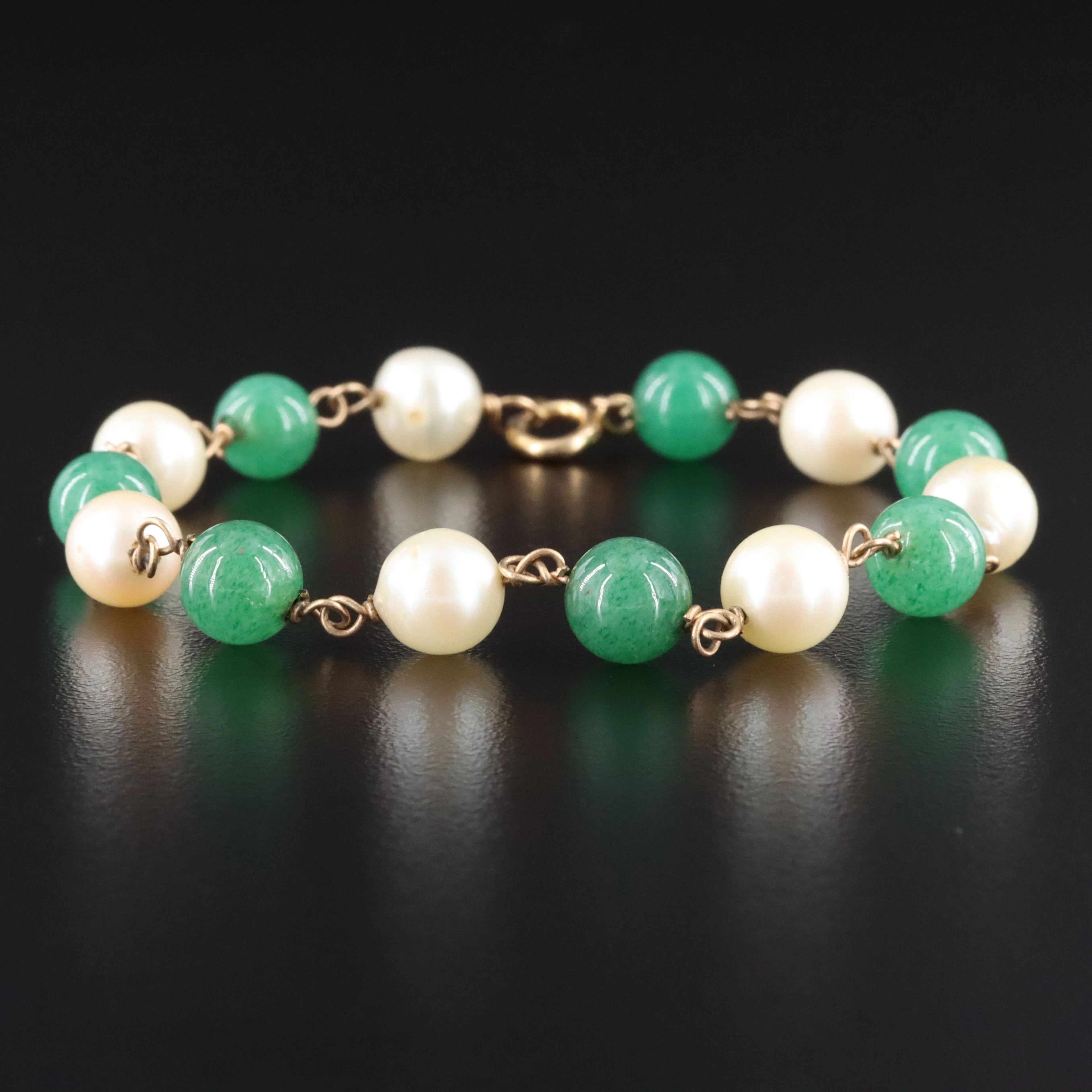 14K Pearl and Aventurine Bead Bracelet