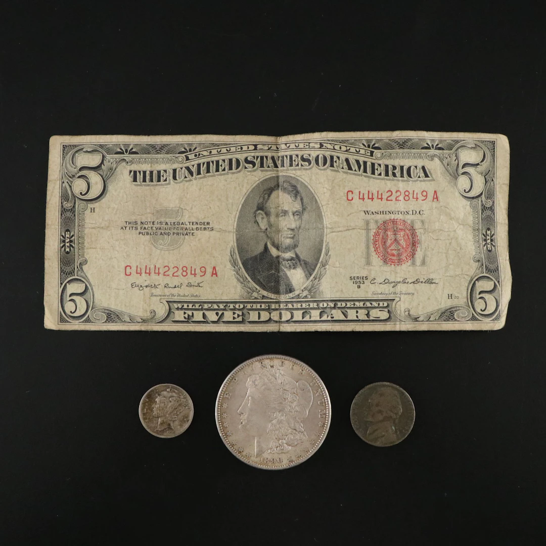 1890 Morgan Silver Dollar, 1935-D Mercury Dime, and 1953 Five Dollar Note