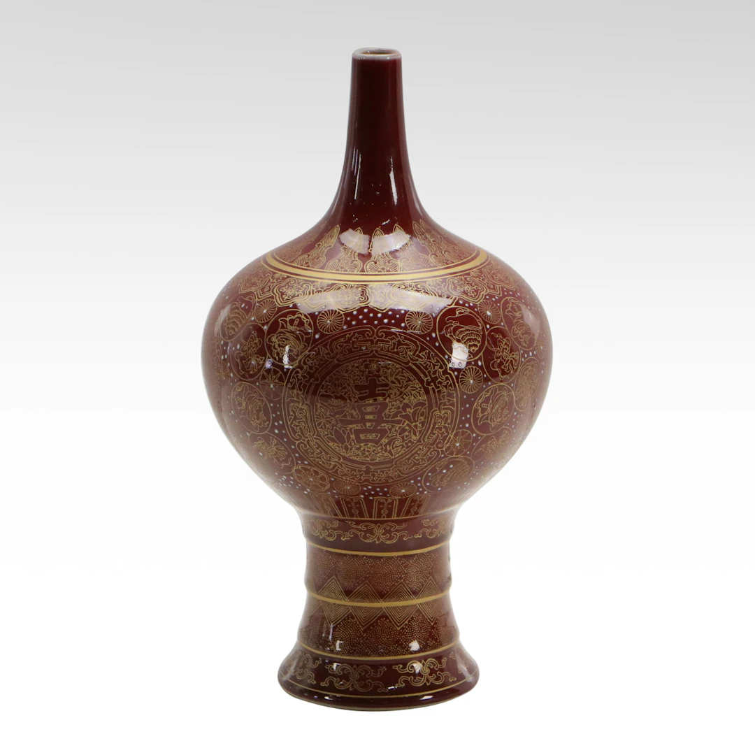 Chinese Gilt Oxblood Moriage Porcelain Long-Necked Vase