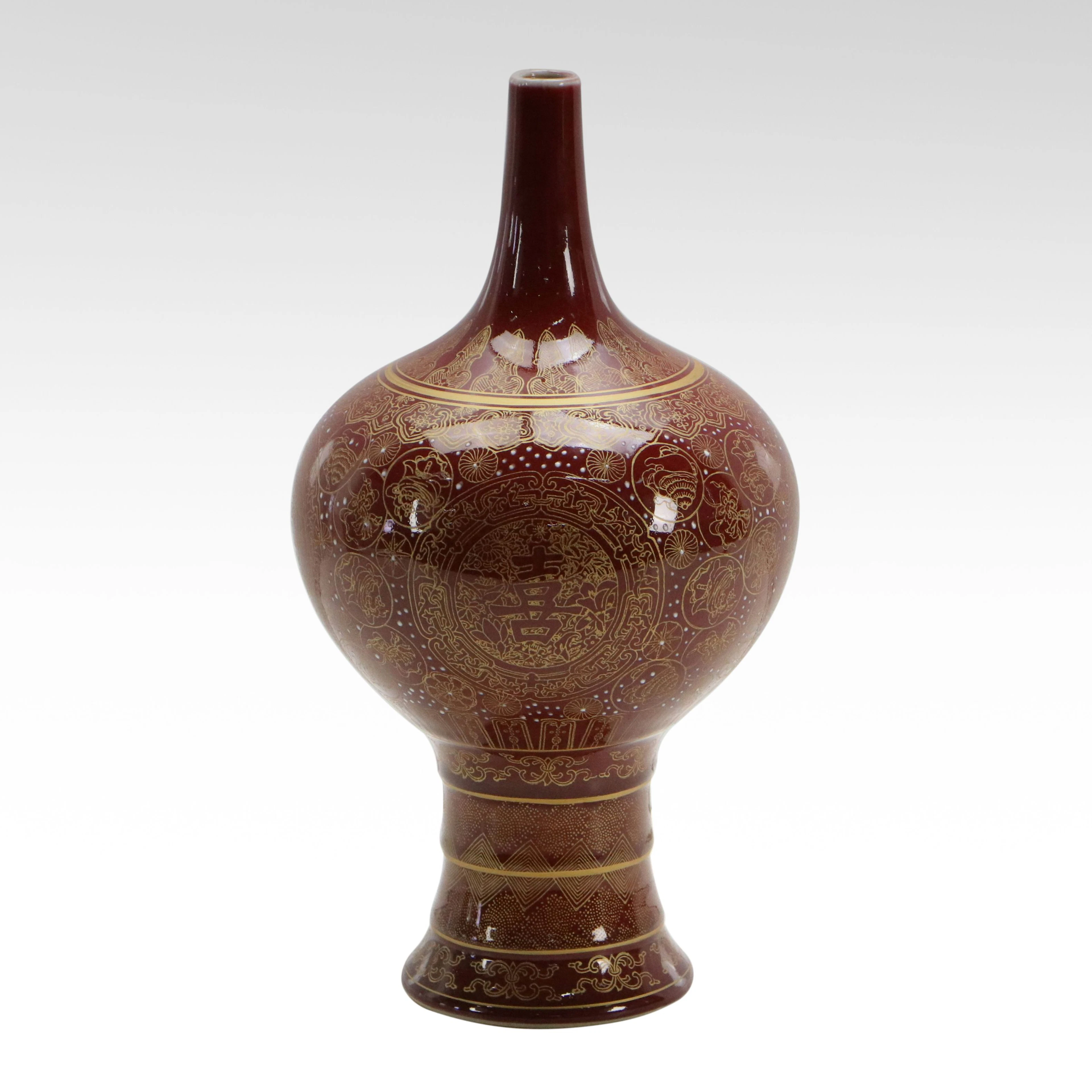 Chinese Gilt Oxblood Moriage Porcelain Long-Necked Vase
