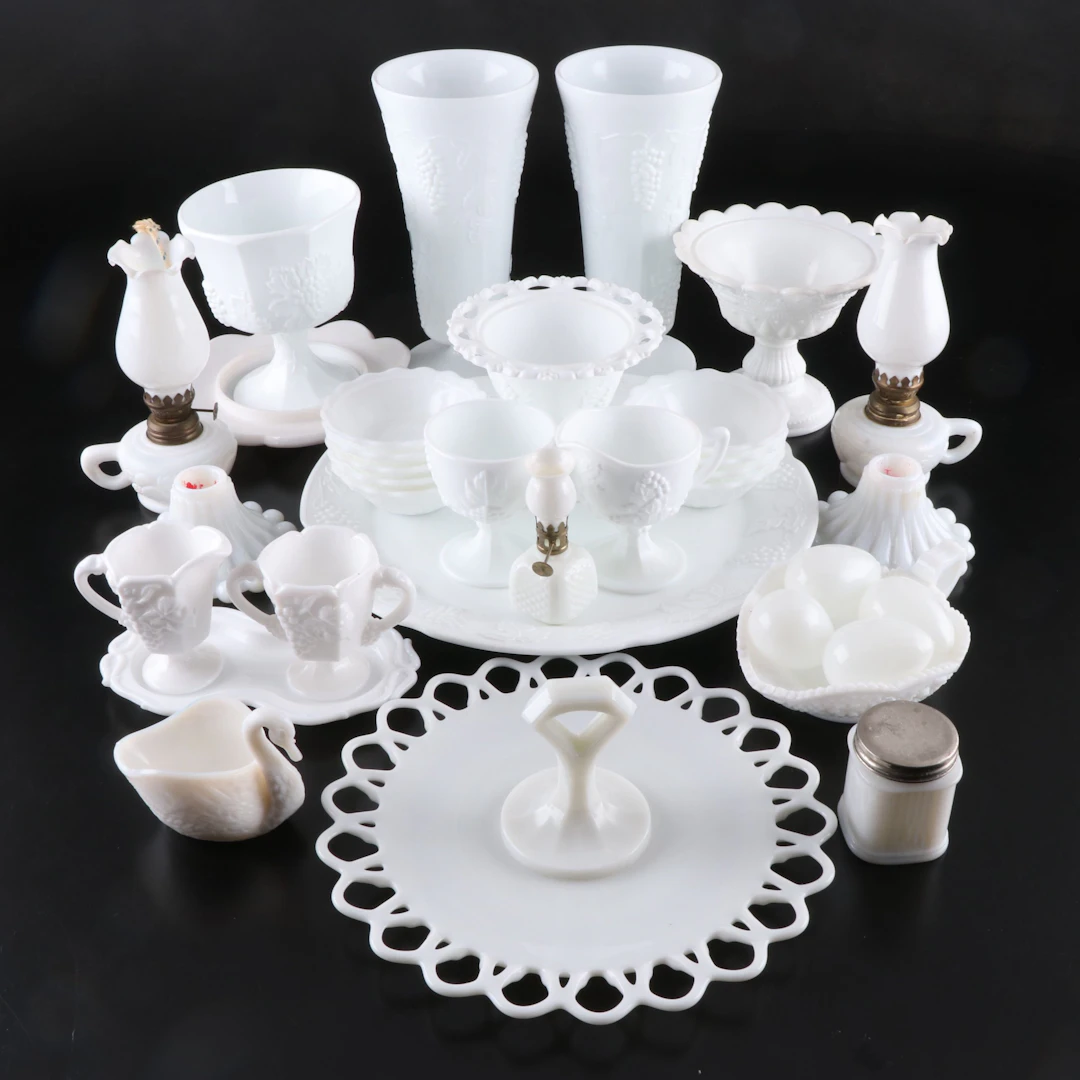 Grape Vine with Other Milk Glass Vases, Stemware, Oil Lamps and More Tableware