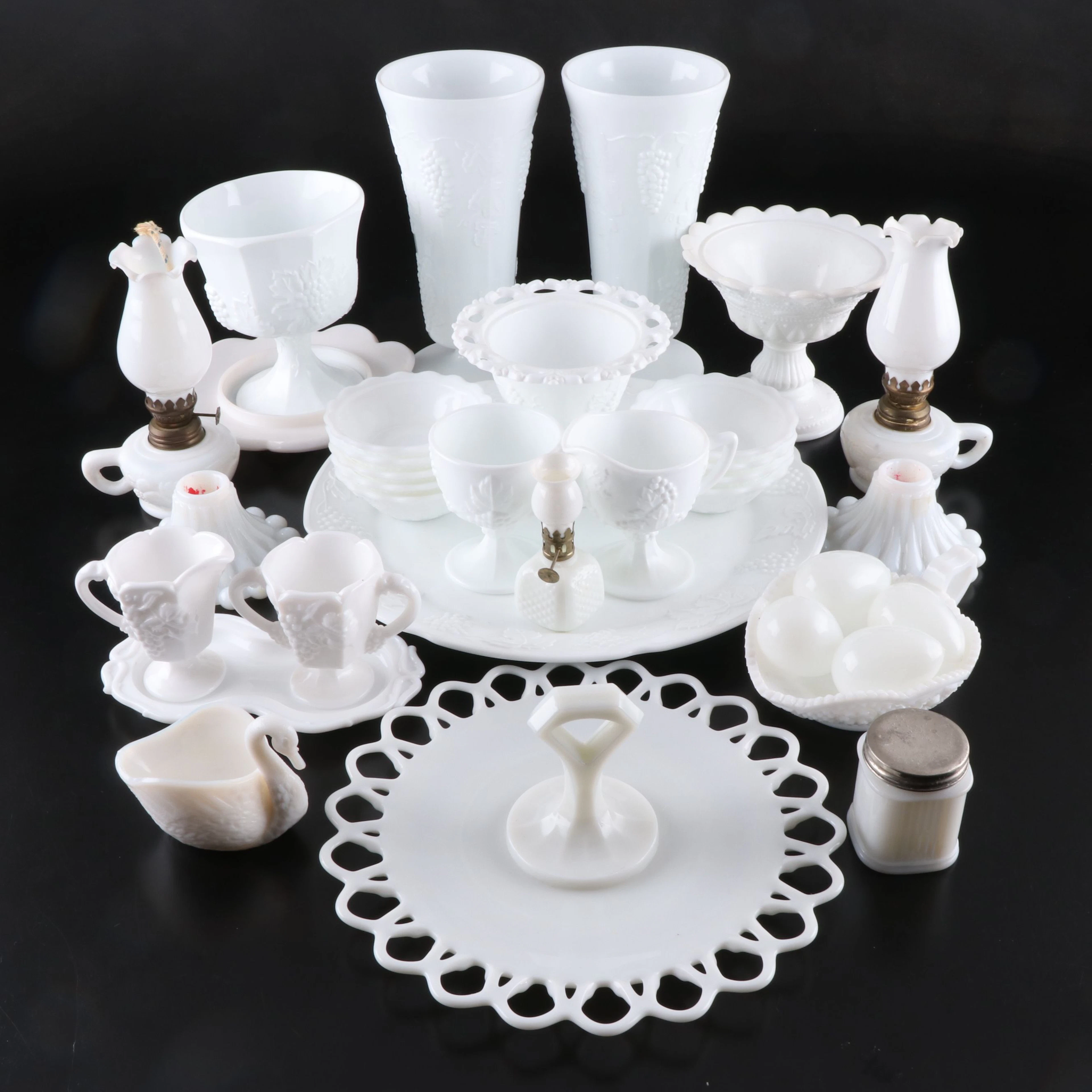 Grape Vine with Other Milk Glass Vases, Stemware, Oil Lamps and More Tableware